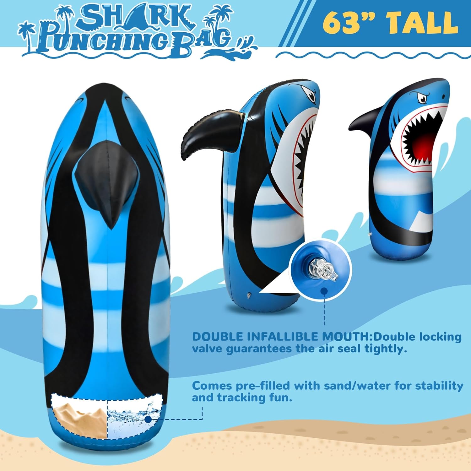 63-Inch Shark Inflatable Punching Bag for Kids, Bop Bag with Bounce-Back Action, Sand/Water-Filled, Boys Girls Inflatable Boxing Toy for Stress Relief, Indoor Outdoor Birthday for Kids