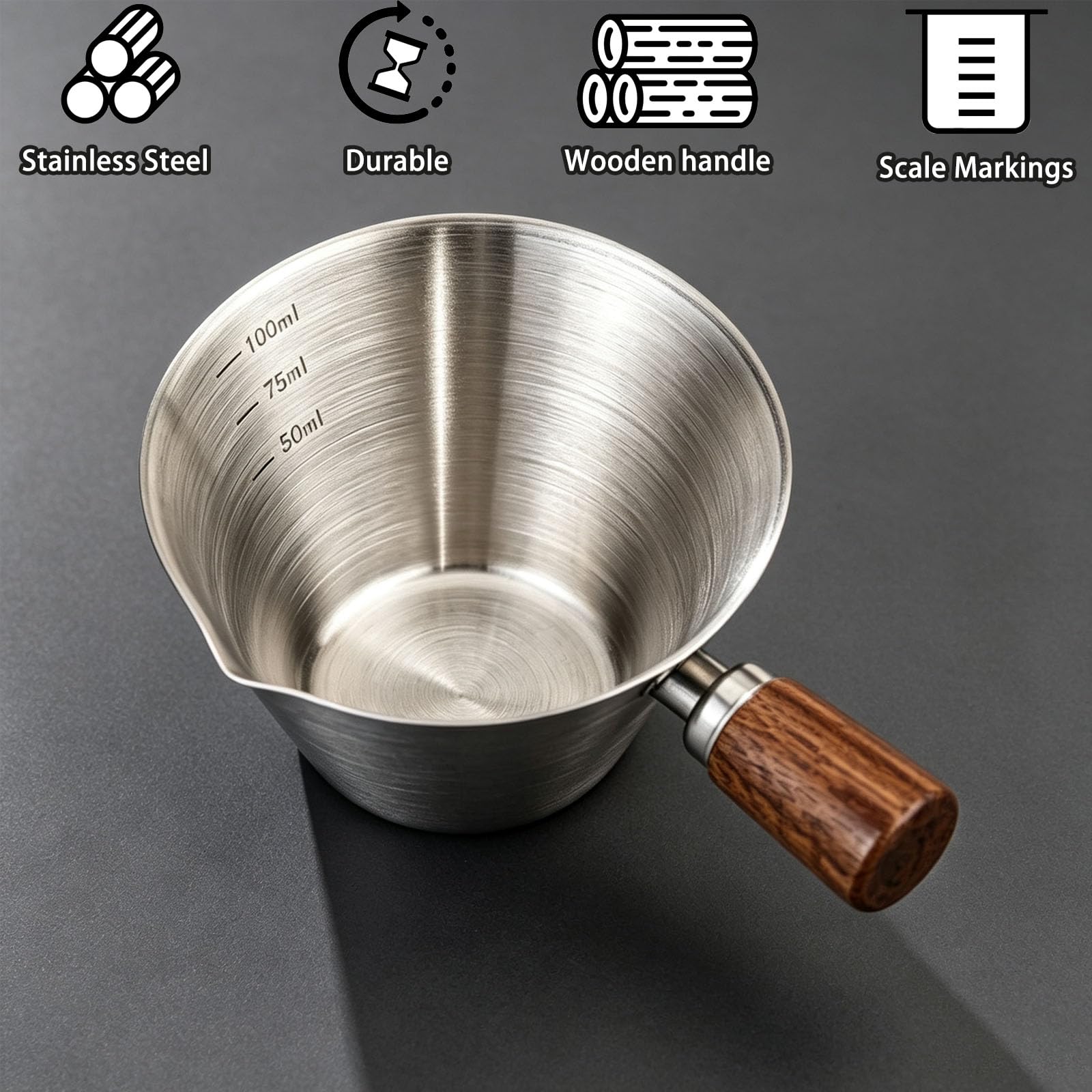 2 Stück Espresso Messbecher, mit Holzgriff und Abgestufter Skala (Silver) | 100 Ml Messbecher Kaffee Edelstahl, Mit v-Förmigem Ausguss Genaue Flüssigkeitsportionskontrolle Kaffee, Desserts, Cocktails