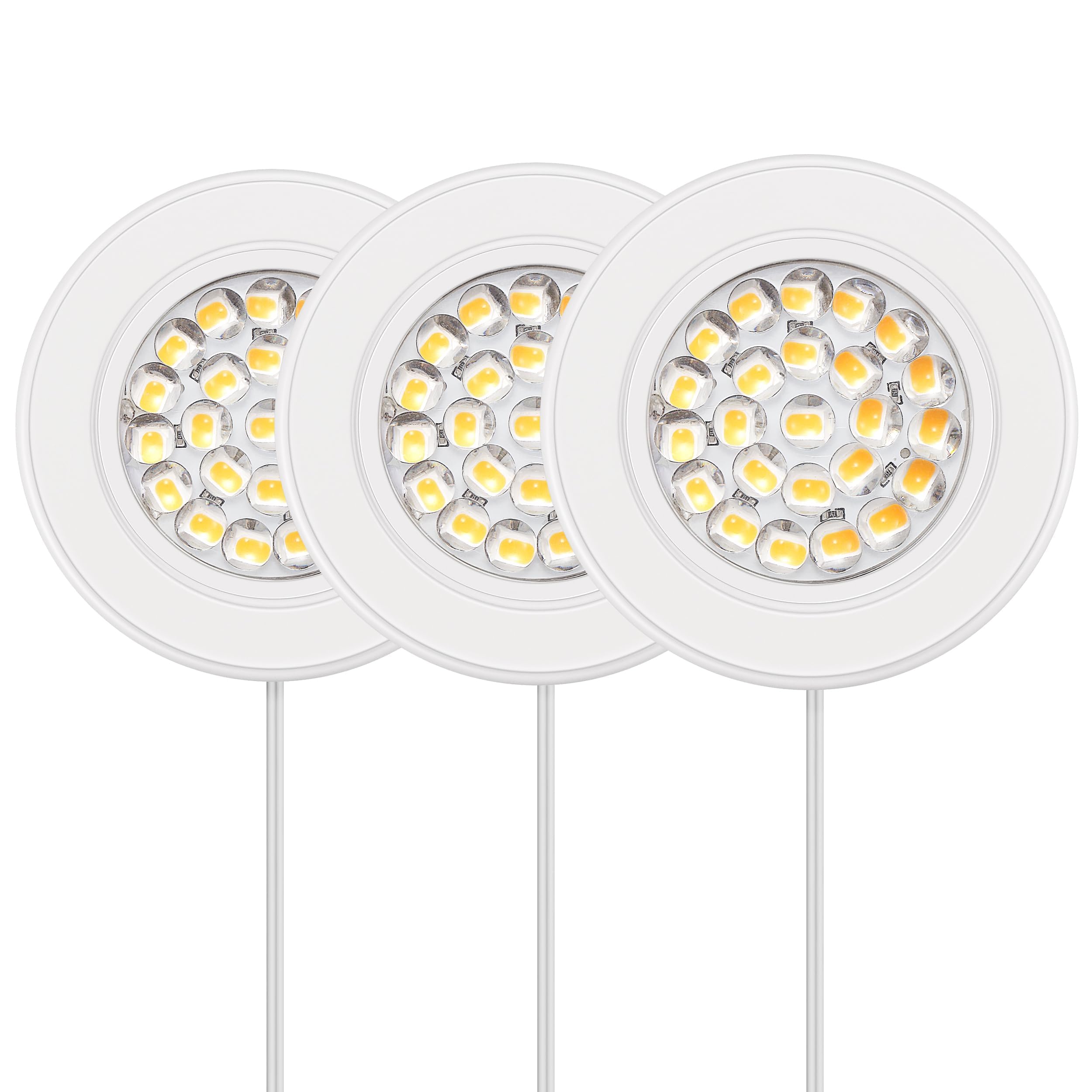 GETINLIGHT 2.5" Wide 3000K Dimmable LED Puck Lights Kit, Plug-in Installation with Recessed or Surface Mounted, White Finish Over Metal Construction, Set of 3, IN-0113-3-WH