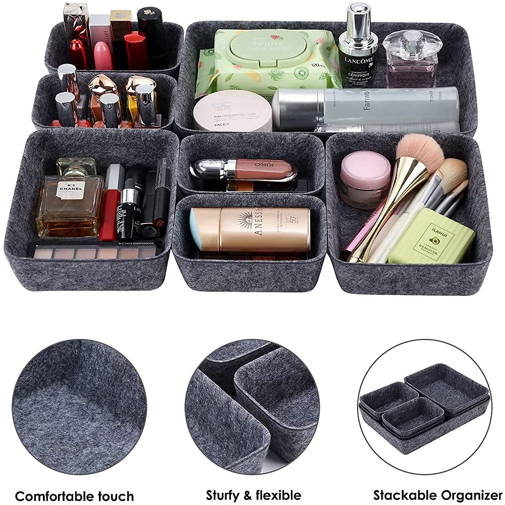 Veftsvy Lade-organizer, stapelbare vilten opbergdozen, veelzijdig opbergsysteem voor bureau, commode, kledingkast en nachtkastje, lichtgrijs, set van 10