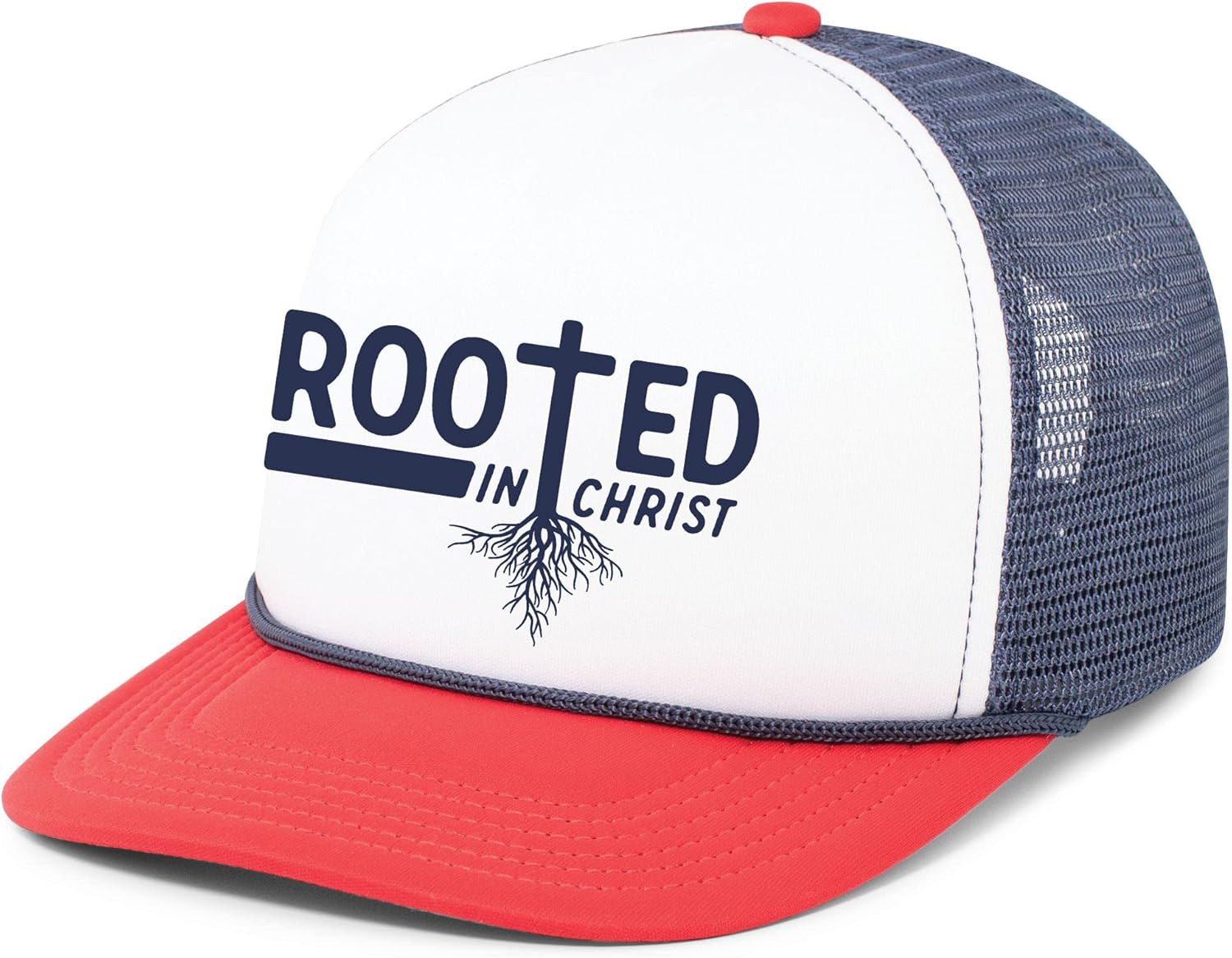 Mens Christian Rooted in Christ Embroidered Rope Hat Foam Front Mesh Back Trucker Hat