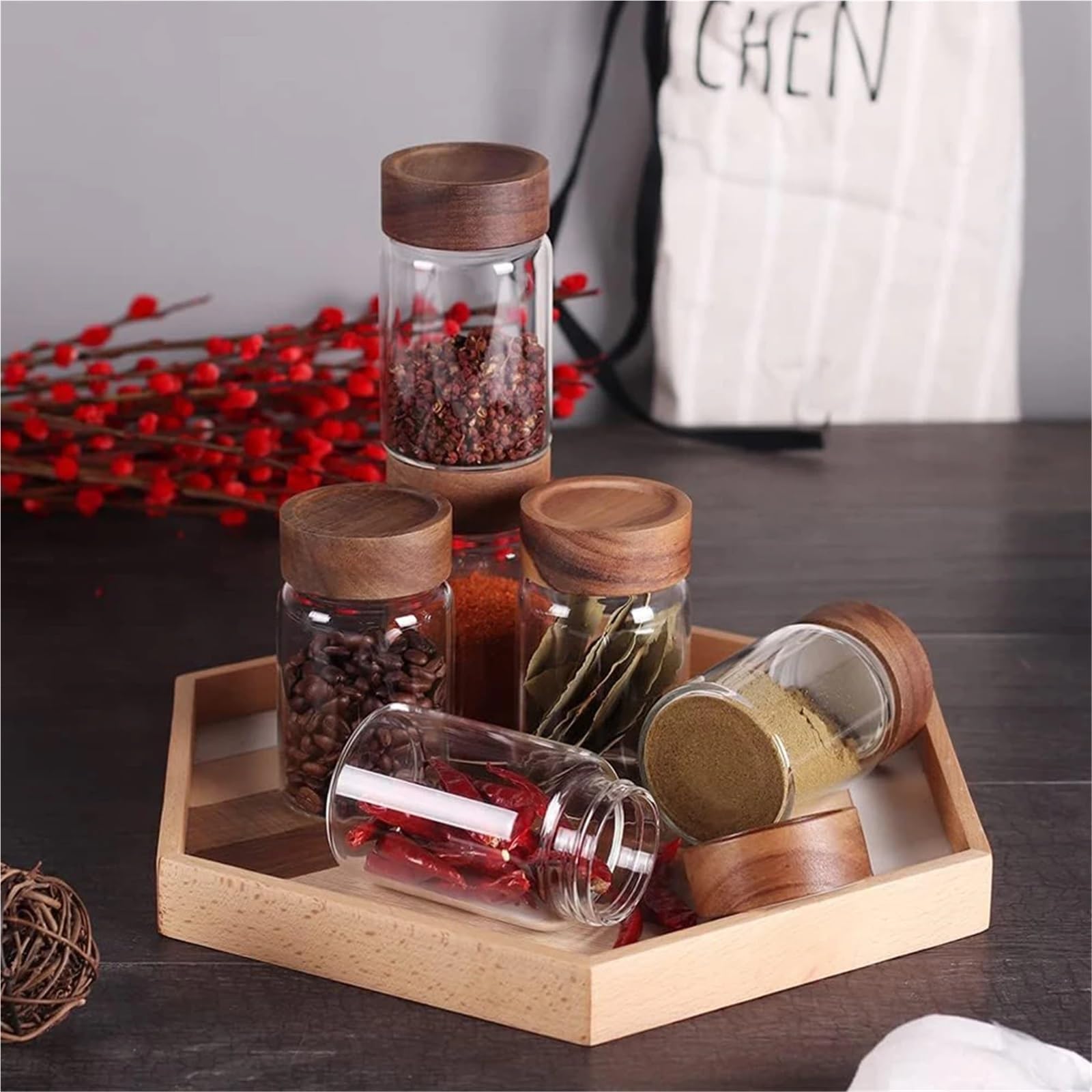 VorratsgläSer Glas mit luftdichtem Verschluss und Holzdeckel, Gewürzbehälter for Lebensmittel(6Pcs)