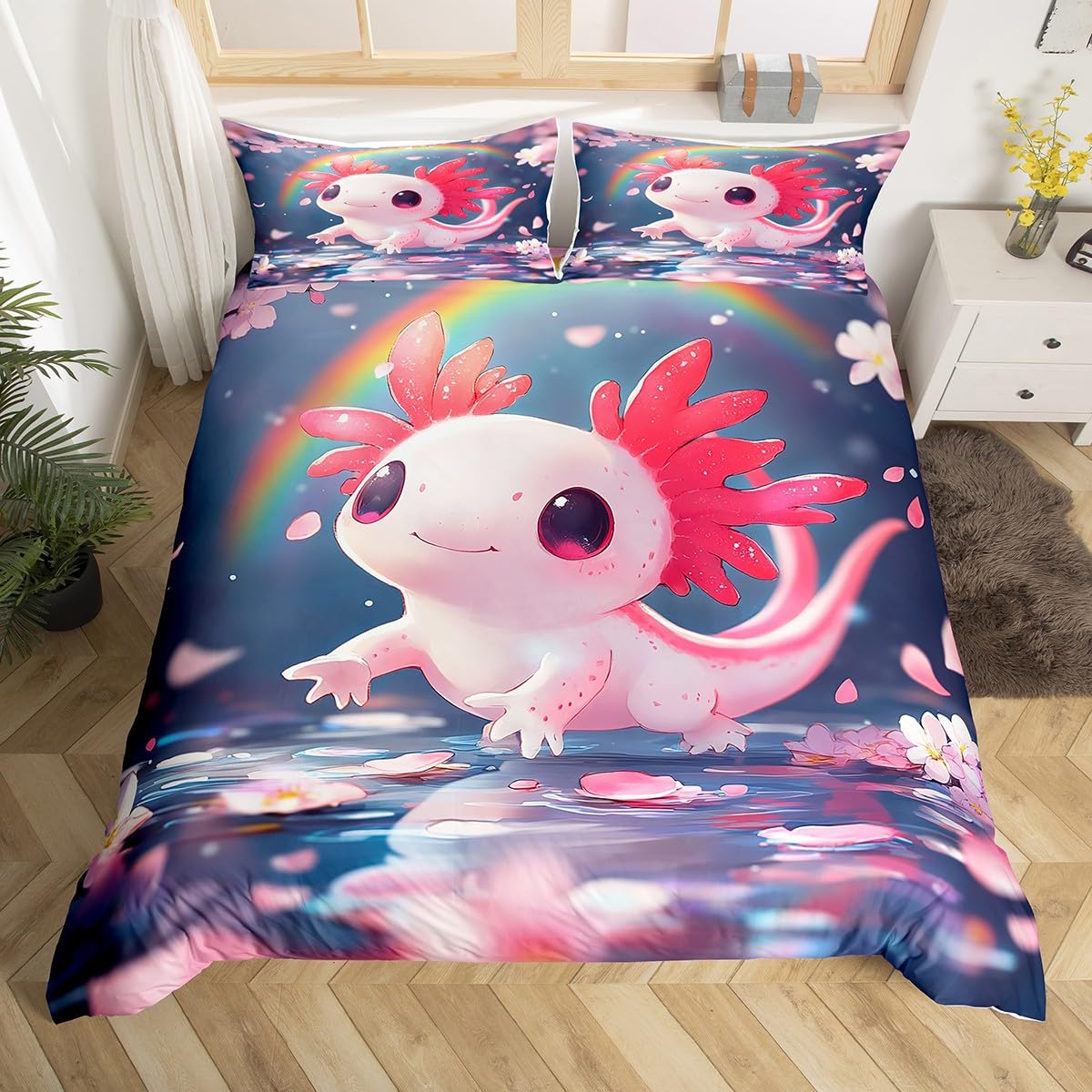Homewish Nette Axolotl Bettbezug Rosa Kawaii Salamander 135x200 Trösterbezug für Kinder Teens Mädchen,Regenbogen Kirschblüte Bettwäsche Set Cartoon Wild Tier Bettbezug