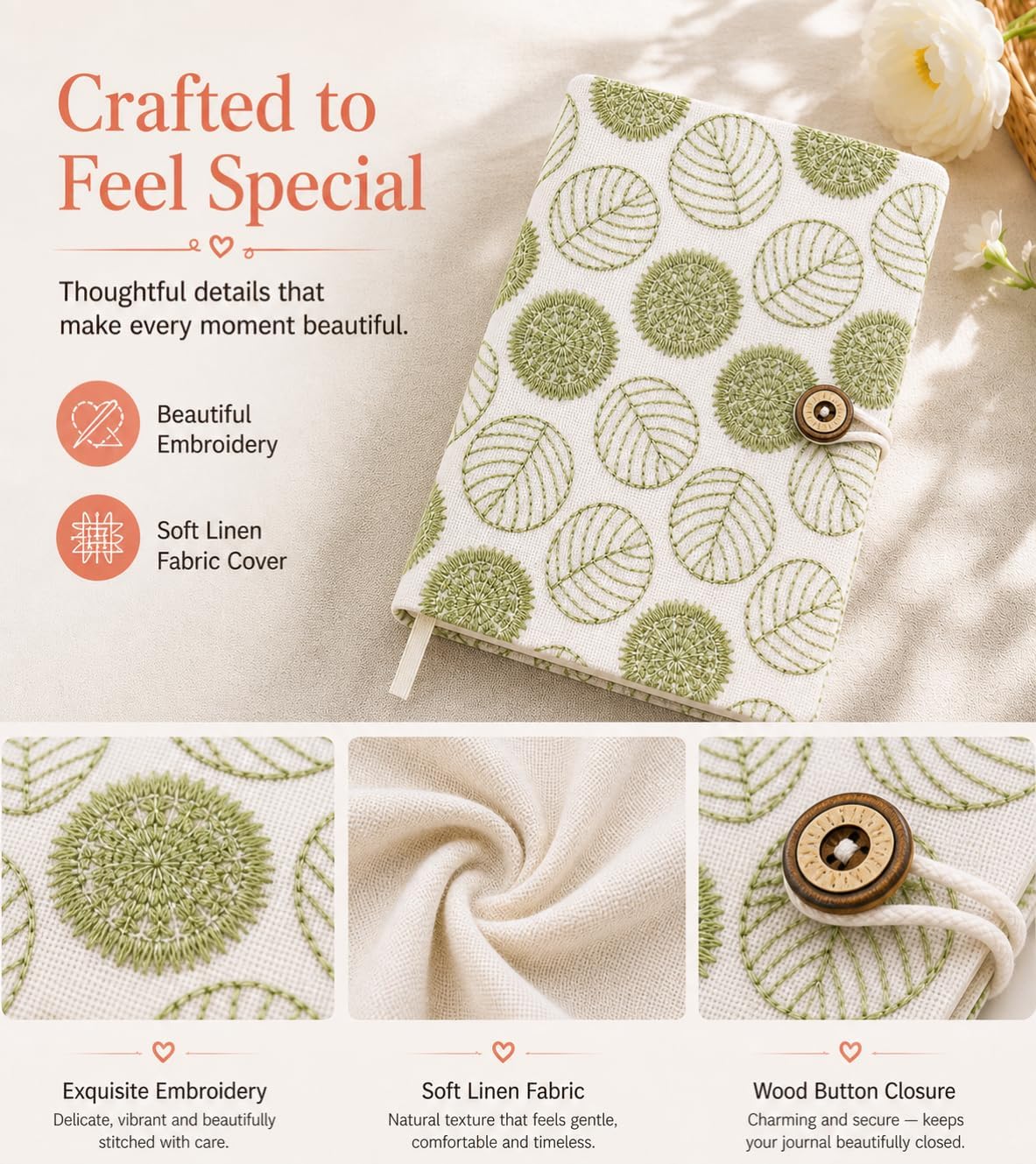 Embroidered Hardcover Journal, A5 Lined Floral Notebook, Botanical Cover image 4