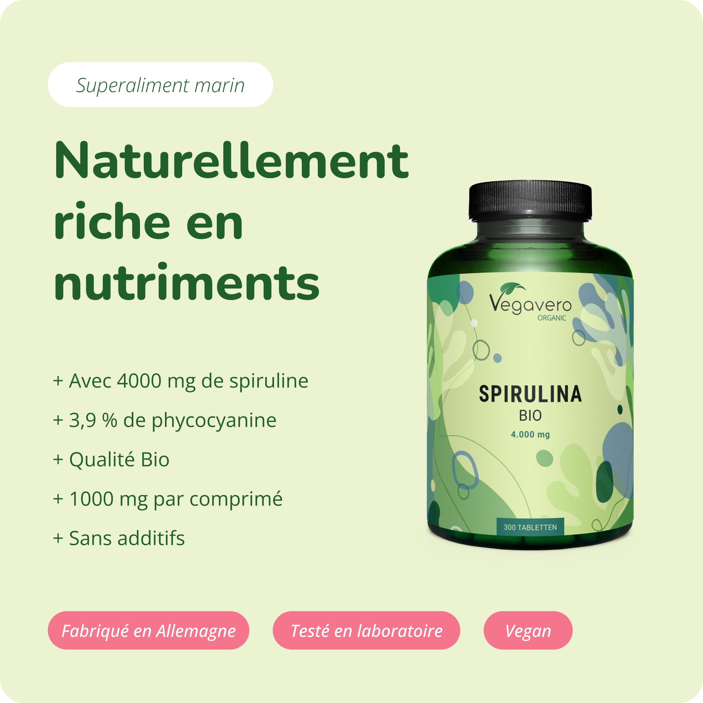 Spiruline BIO - 4000 mg par jour | 100% Pure & Sans Additifs | Avec Phycocyanine, Protéines | VEGAN & Sans OGM | Vegavero®