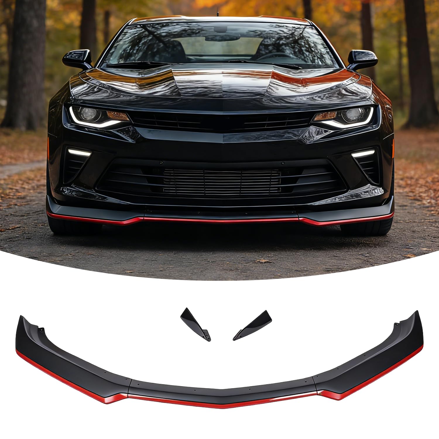 Front Bumper Lip Splitter Spoiler for 2016-2024 Chevy Camaro SS/LT/LS/RS Models, Camaro Front Splitter Mods Exterior Accessories (Matte Black w/Red)