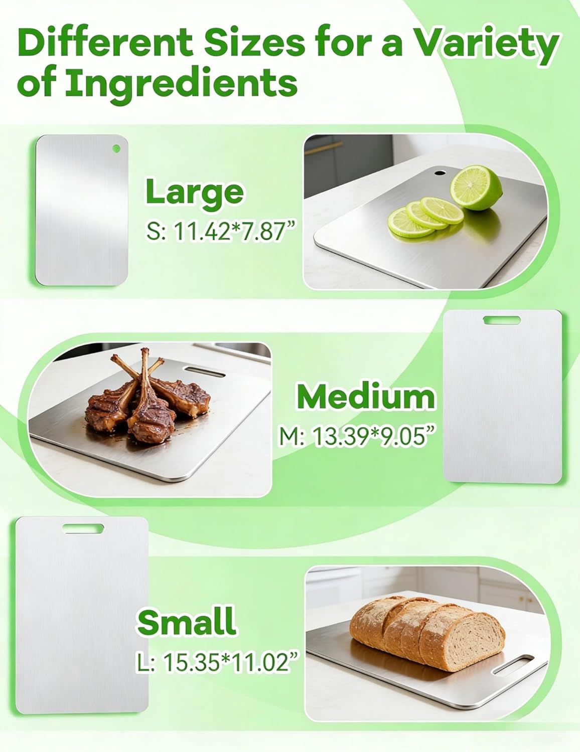 Titanium Cutting Board Set Double Sided, Food Grade Titanium Cutting with Handle, Knife Friendly Surface for Kitchen, Camping Cutting Board for Meat Vegetables Fruits (3 PCS)(15.35*11.02in)