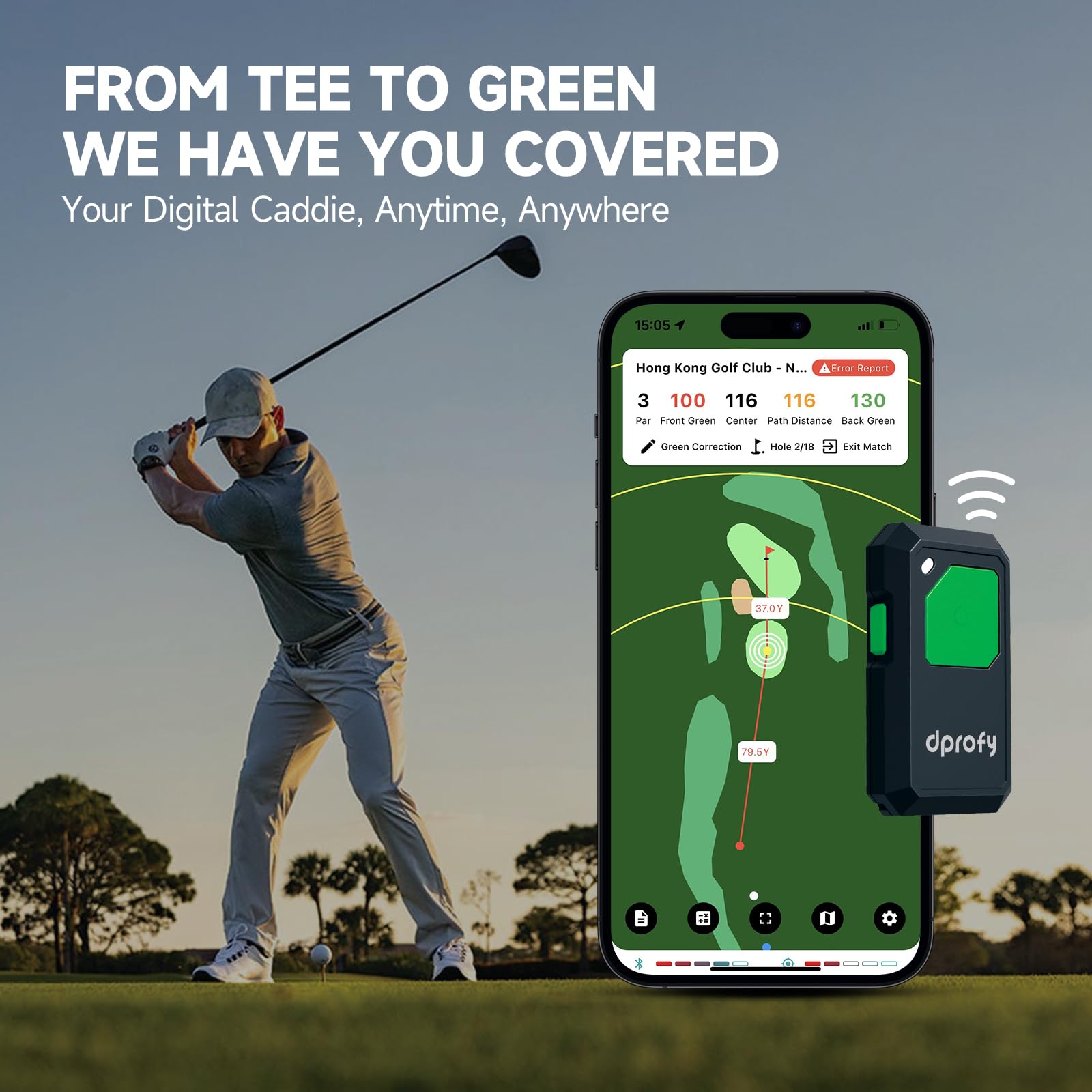 Dprofy Golf GPS Entfernungsmesser, Sprachausgabe mit Freisprech-Distanzlesung, funktioniert mit Dprofy APP, 40.000+ Kurse, tragbares Clip-on-Golfzubehör, unterstützt zwei Personen
