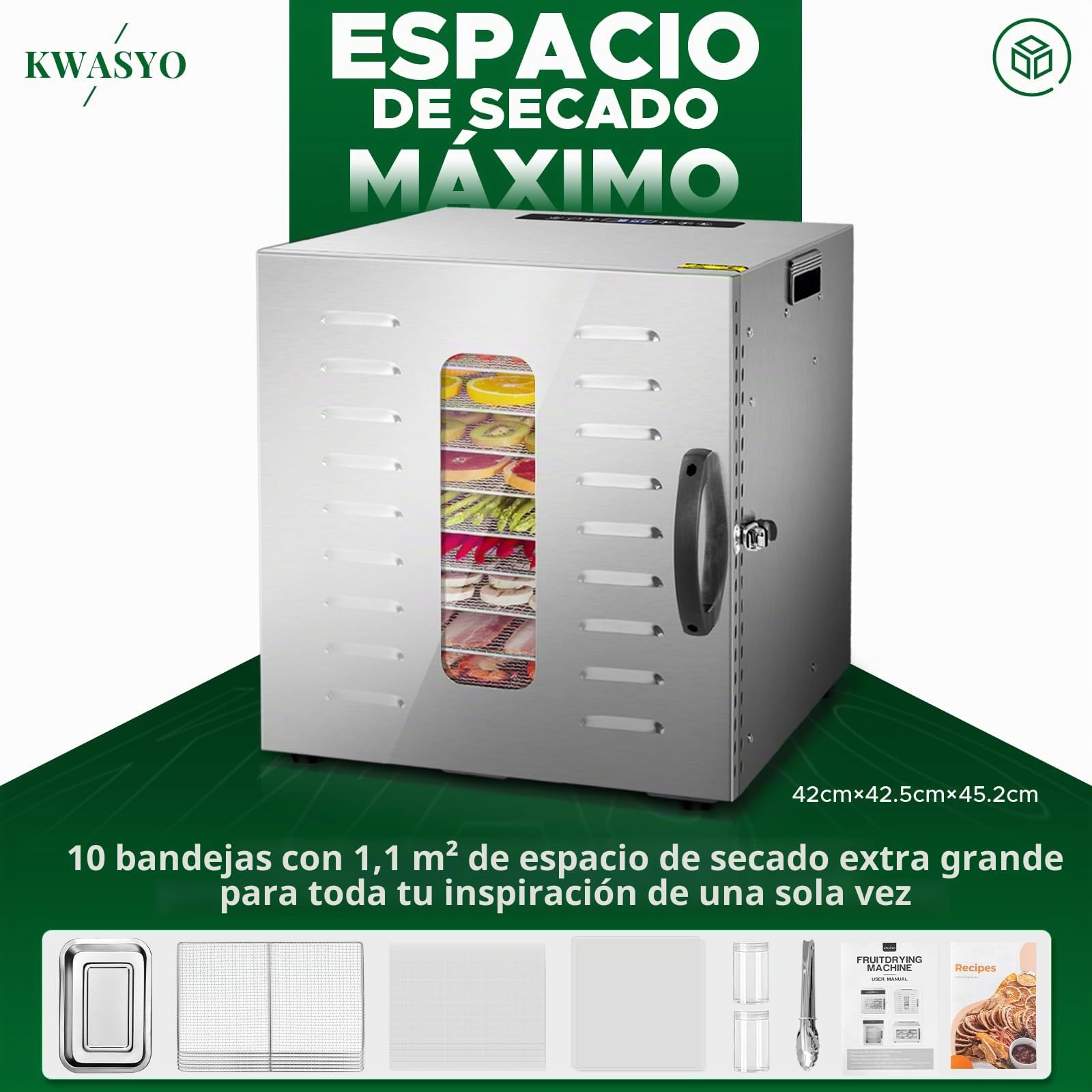 Kwasyo 10 Bandejas Deshidratador Alimentos Recetas gratis Temperatura Ajustable 30-90℃, Acero Inoxidable Completo, Temporizador de 24 horas, 10 Pisos Deshidratadora de Frutas, bpa free,1000W