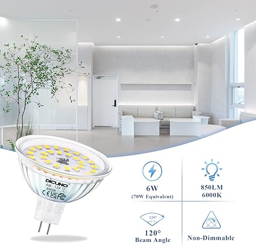 Miniatura 10 de DiCUNO Bombillas LED MR16 de 6 W, 750 lm 70 W equivalentes a halógenos, GU5.3 bombilla base bi-pin 2700 K, blanco cálido, 12 V no regulable ángulo