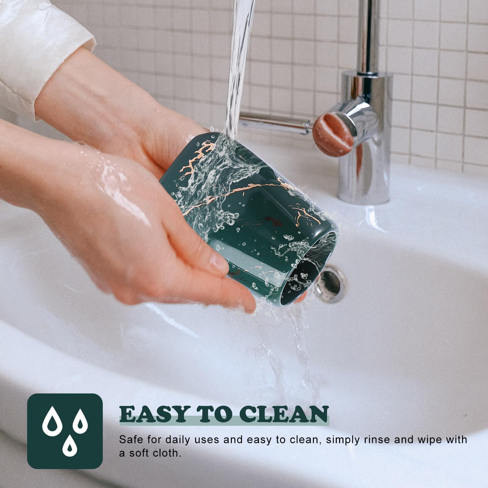 Uonlytech Juego de Taza de Lavado de Cerámica Verde de 3 Piezas para Baño, Vaso para Cepillo de Dientes y Botella de Loción, Organizador para Mantener el Baño Ordenado y Elegante