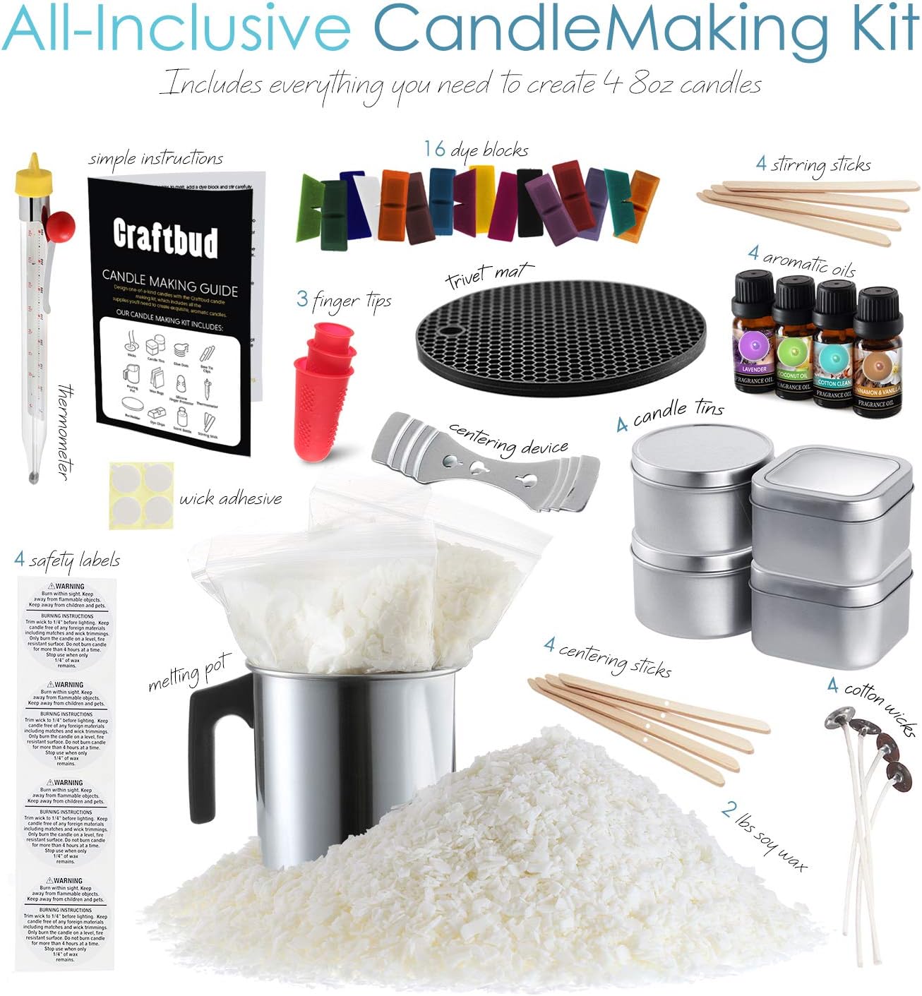 Candle Making Kit, Craftbud 58 Piece Candle Making Kit for Adults & Kids, Full DIY Soy Candle Making Kit with Candle Wax and Supplies, Great Candle Kit with Jars, Wax, Wicks, Scented Oil, and More