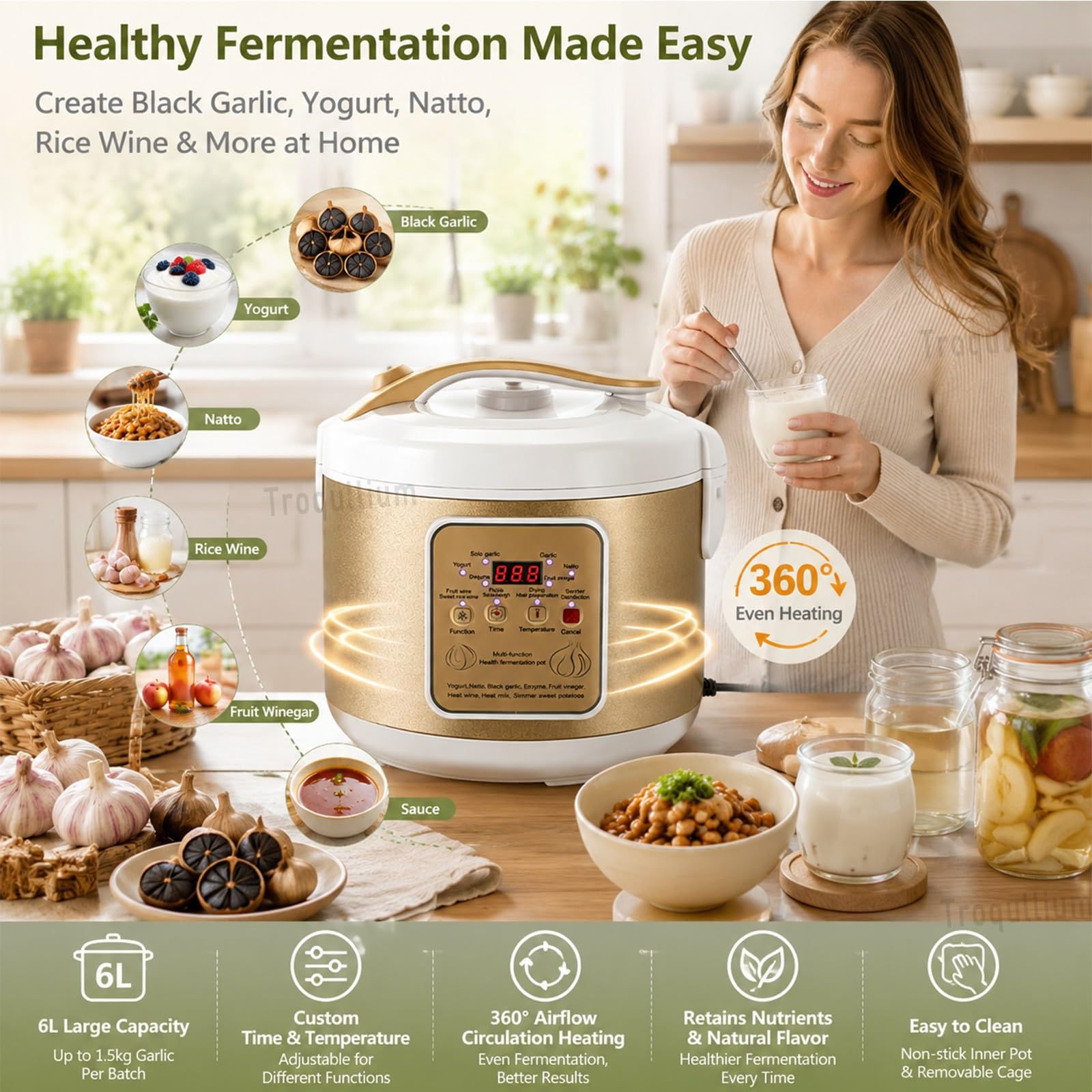 Fermentatore Automatico for Aglio Nero,Vaso Interno in Lega di Alluminio a Doppio Strato da 6litri,Controllo preciso della Temperatura temporale,for natto,Yogurt,Kimchi,Vino alla Frutta