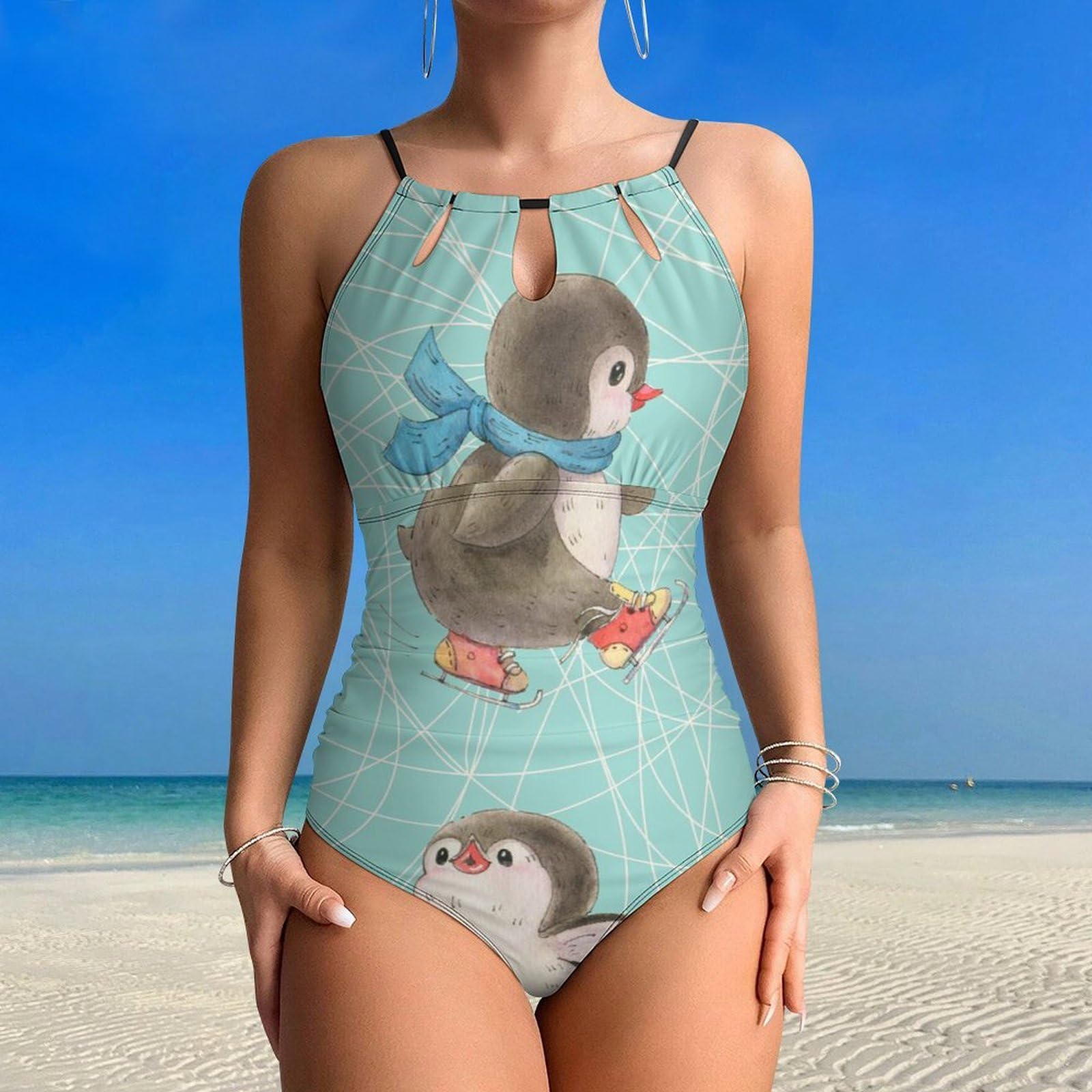 Süße Pinguine Damen Einteilige Badeanzug Bademode Bauchweg Swimsuit Schwimmanzug Tankini