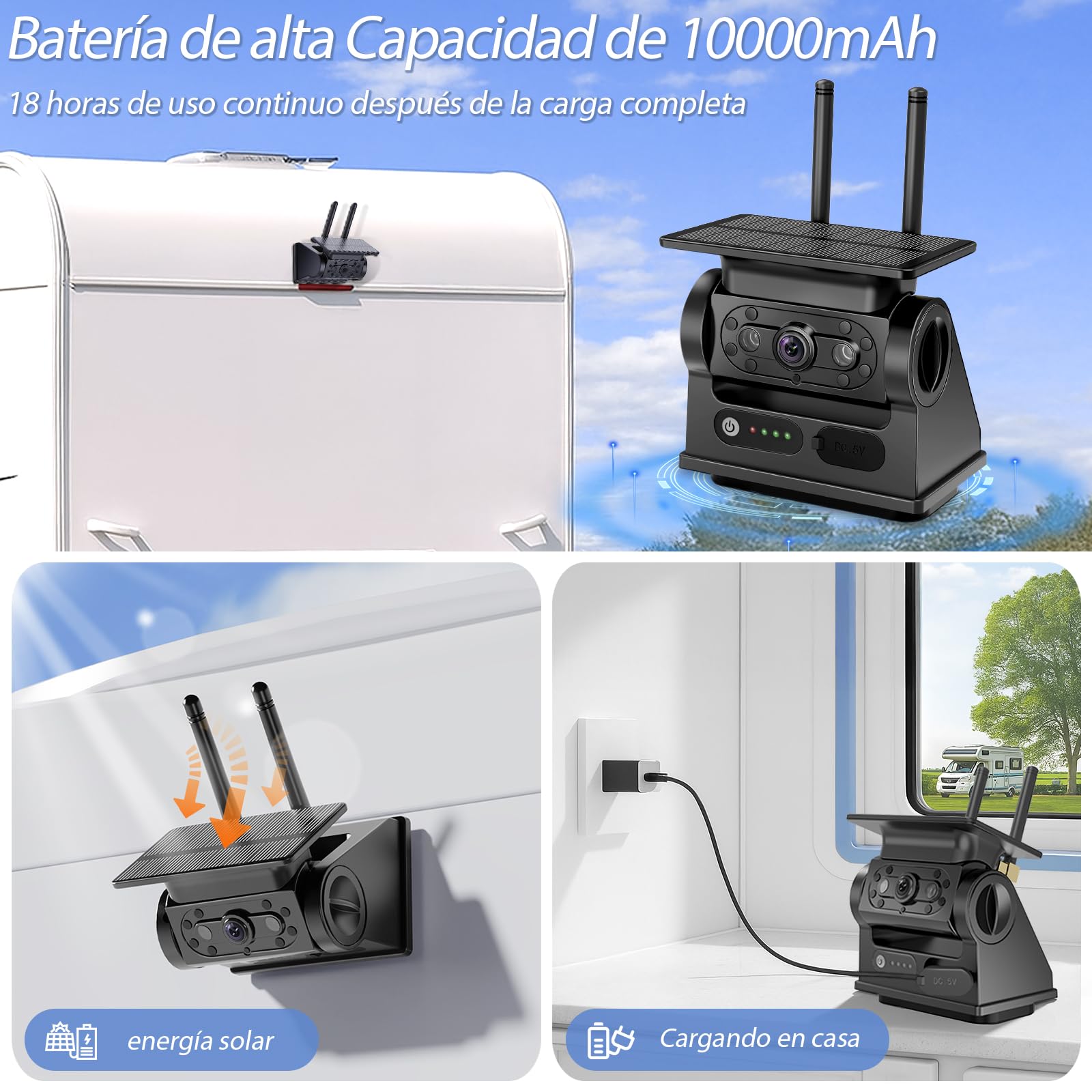 Solar Cámara de Marcha Atrás Inalámbrica, 7'' 1080P Monitor Magnética Inalámbrica Coche Cámara Trasera con 10000mAh Batería, para Furgoneta, Caravana, Remolque, Camiones(VS-7B)