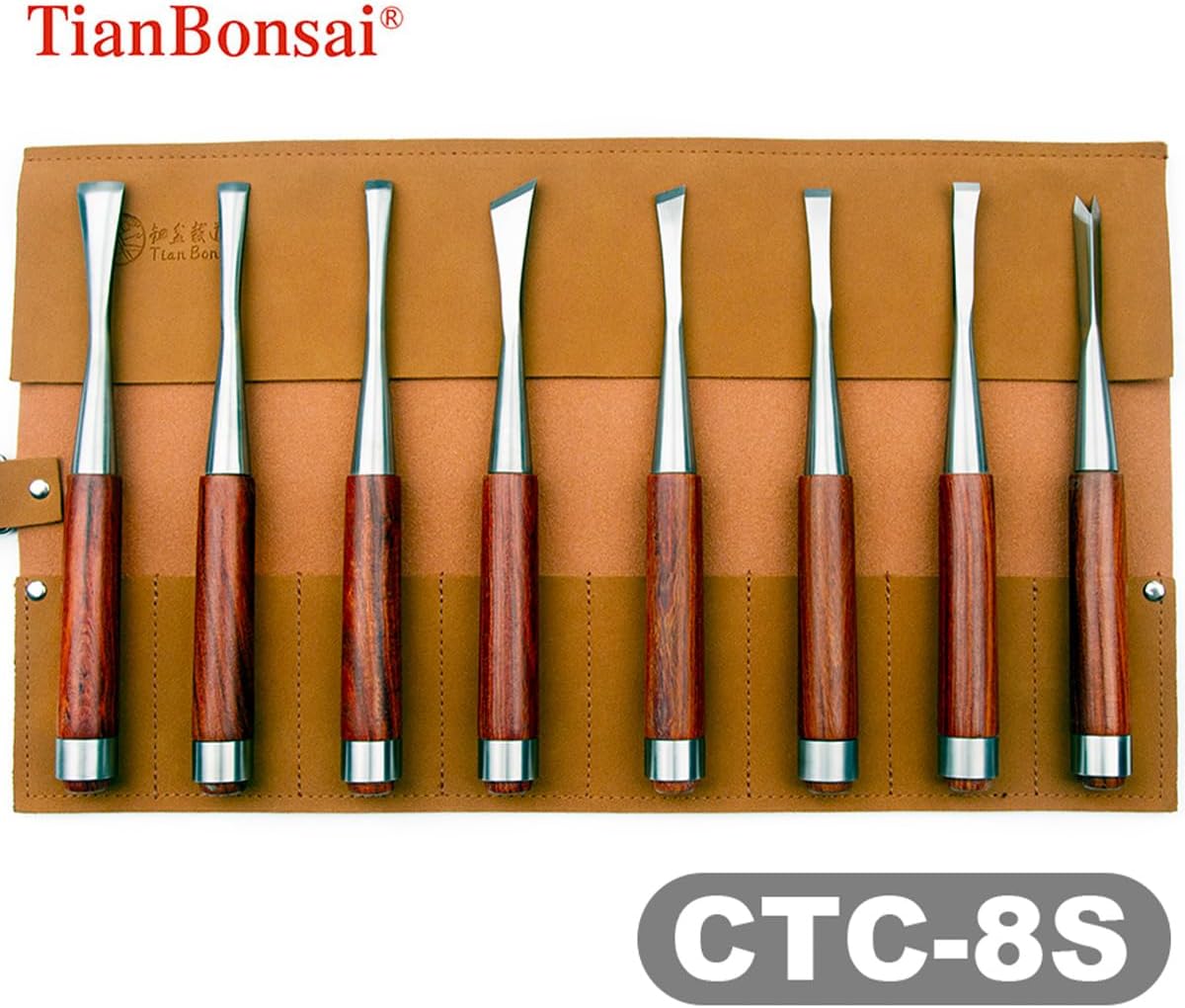 8 Pcs Bonsai Sculpture Knife Set CTC-8S, High Intensity Alloy Steel Carving Tools, Redwood Handle Portable Leather Roll Kit for Beginners Professionals Bonsai Trimming