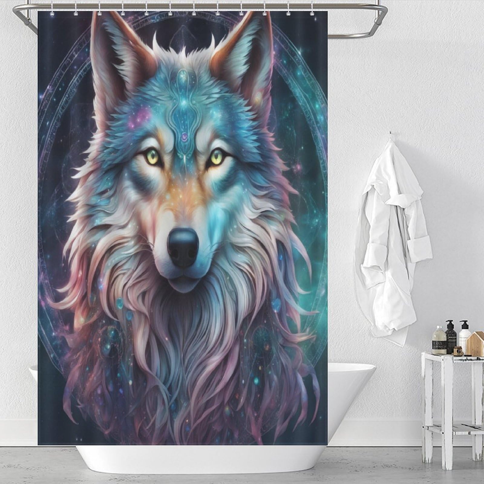 Rideau de douche loup imperméable en tissu textile 122x183cm pour salle de bain avec crochets