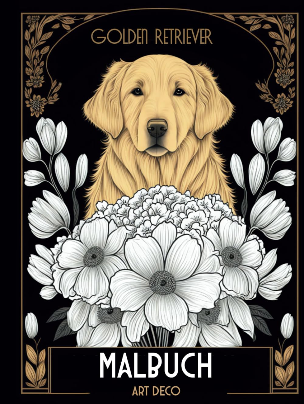Livre de coloriage Art Deco Golden Retriever au design vintage et aux finitions graphiques soignées