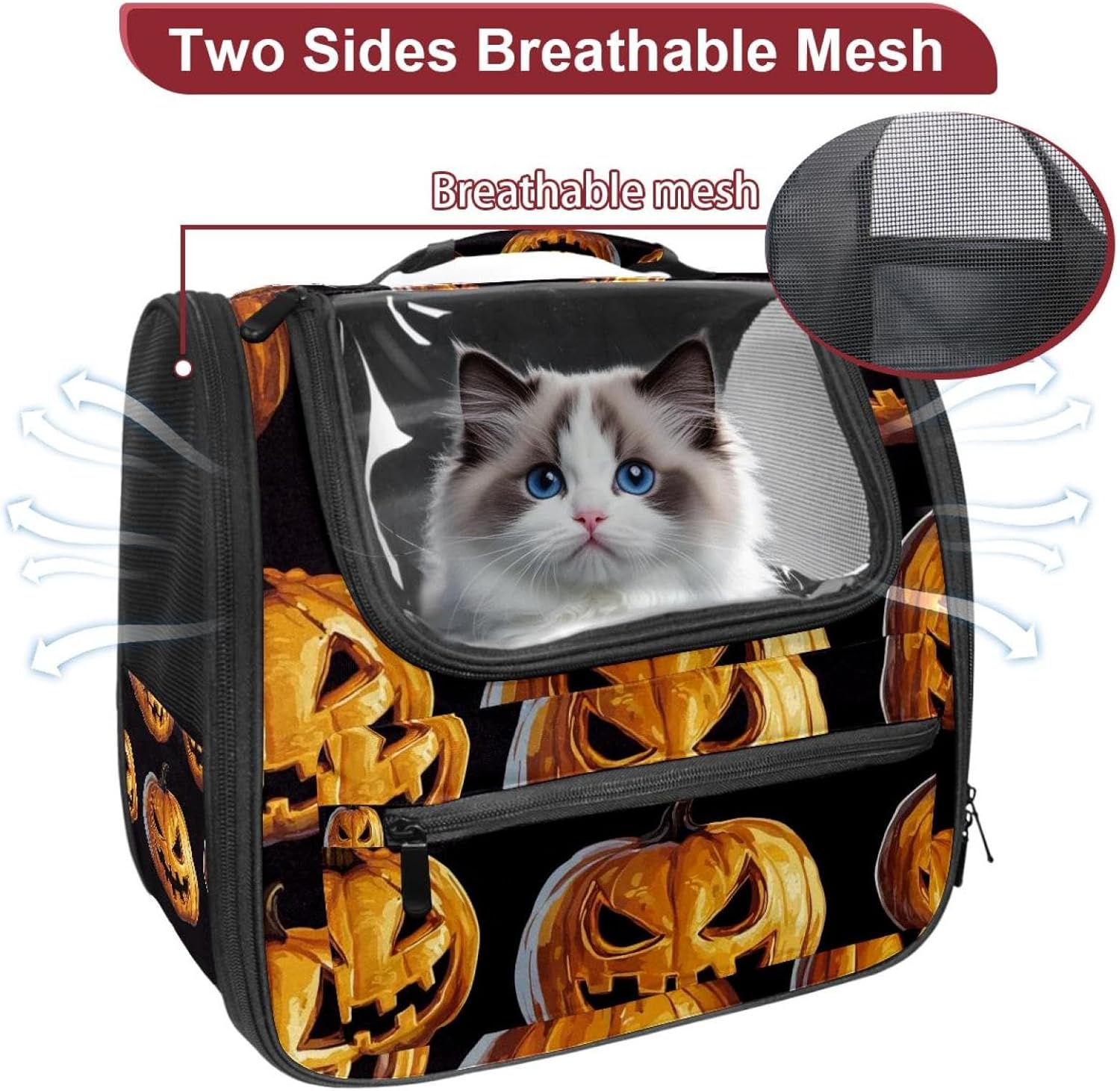 Portable Travel pet Backpack Carrier Hamster Bag Small Dog cat Carrier Breathable Hang Bag, Halloween Pumpkin