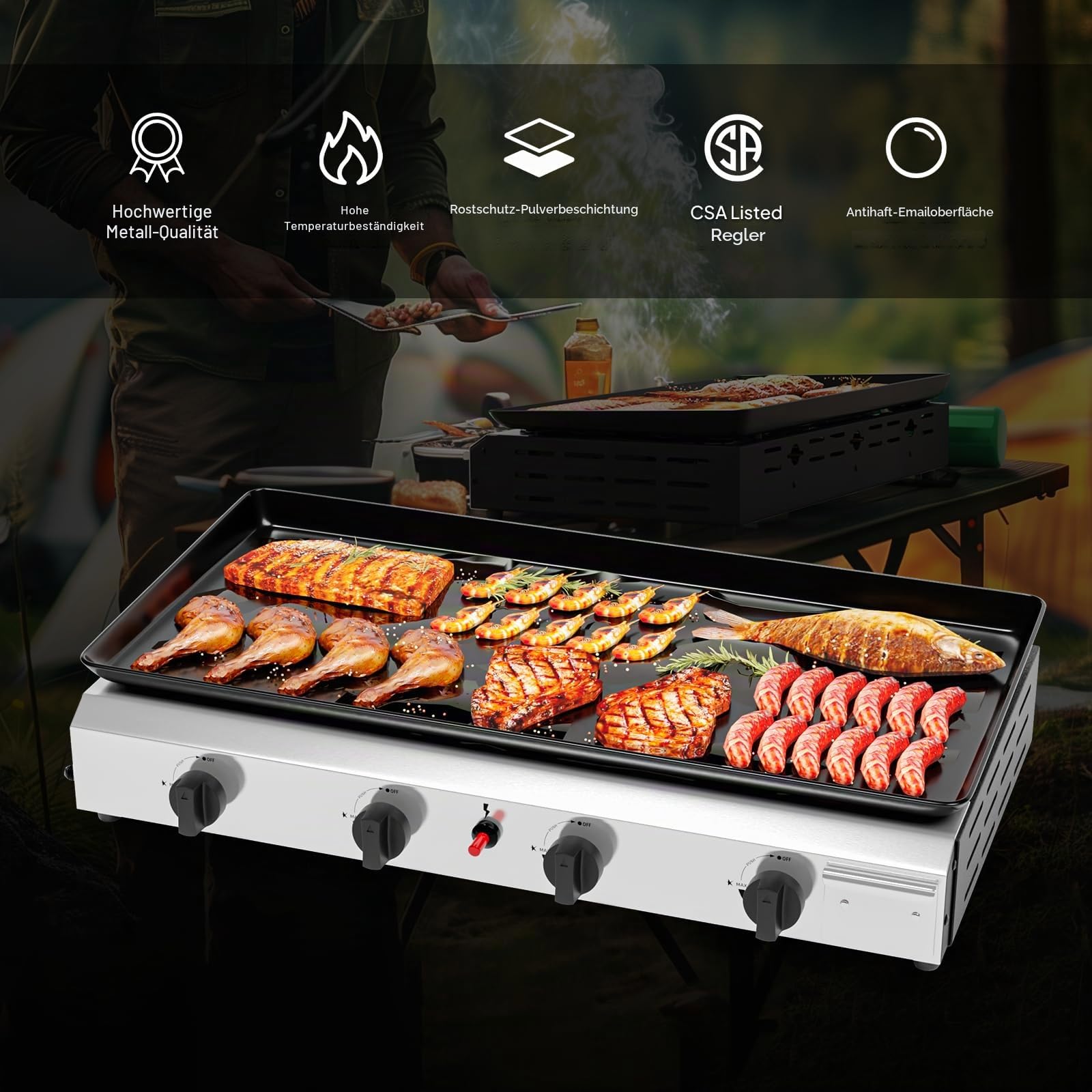 ROVSUN Gasgrill Camping Gas Grill Camping Tischgrill aus Edelstahl, mit 4 Brennern, 9,6 kW, Emaillierter Antihaft-Grillplatte & Ein-Klick-Zündung für Camping, Garten & Strand, 76x39x16 cm