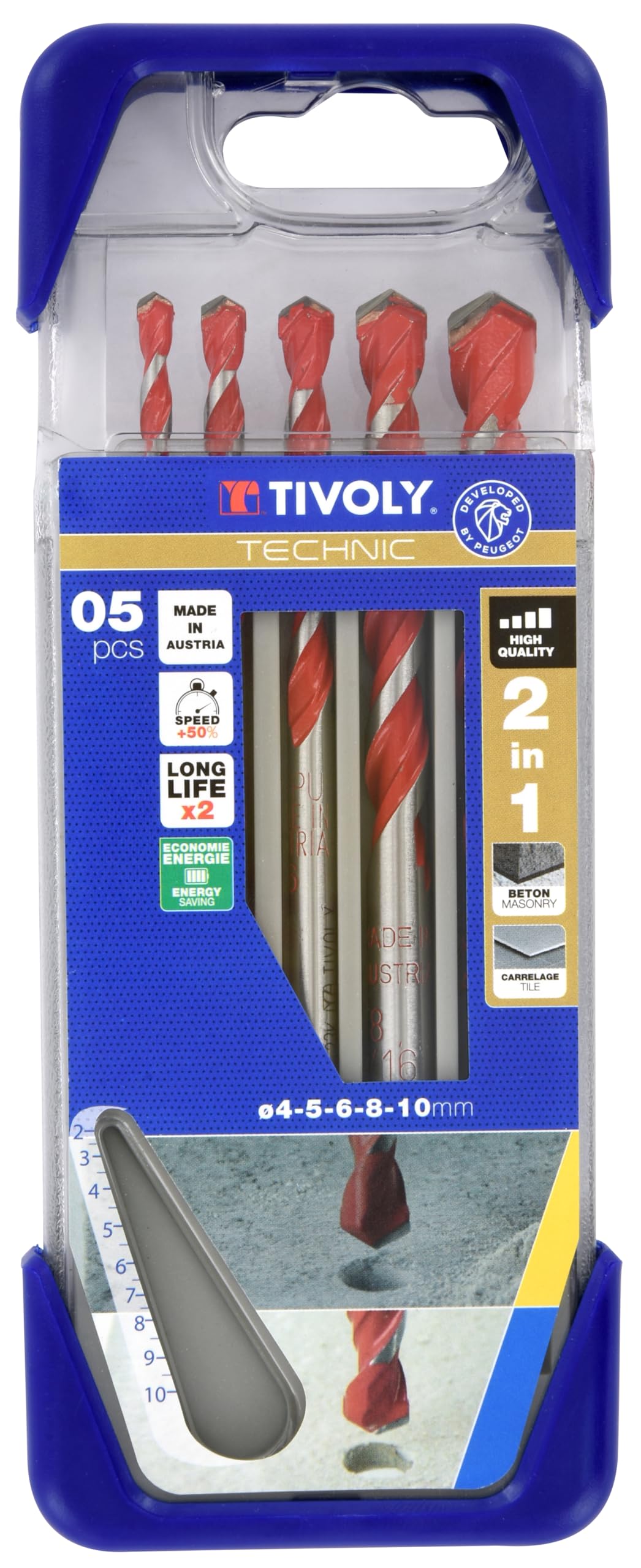 TIVOLY 10913070002 - CLIPSTER 2in1 TECHNIC Brocas 2 in 1 HORMIGON AZULEJO Ø 4-5-6-8-10 mm