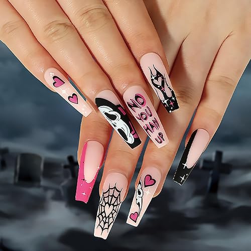 Miniatura 7 de 24 uñas postizas de Halloween con diseño de arañas y calavera, cobertura completa, con diseño de ataúd, uñas postizas largas