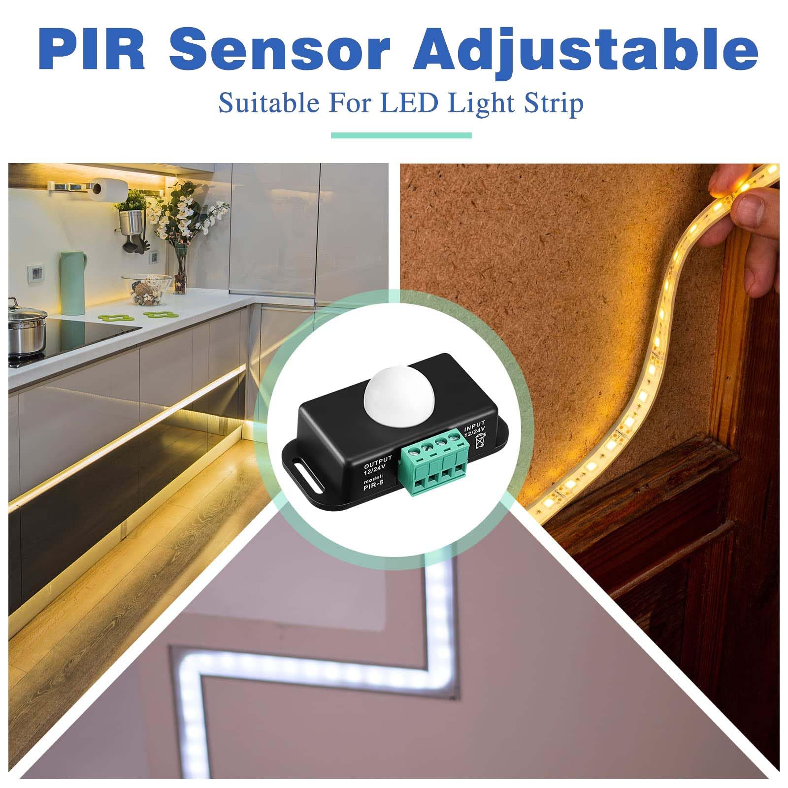 Lot de 6 détecteurs de mouvement PIR - 12 V/24 V - Détecteur infrarouge LED réglable avec sondes intégrées pour bandes lumineuses flexibles - Noir