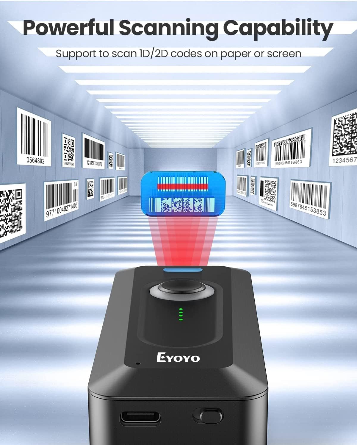 Eyoyo 2D QR Bluetooth escáner de código de Barras inalámbrico con Clip, batería de 2000mAh con indicador de Nivel, Lector de código de Barras Mini portátil para el inventario de Libros