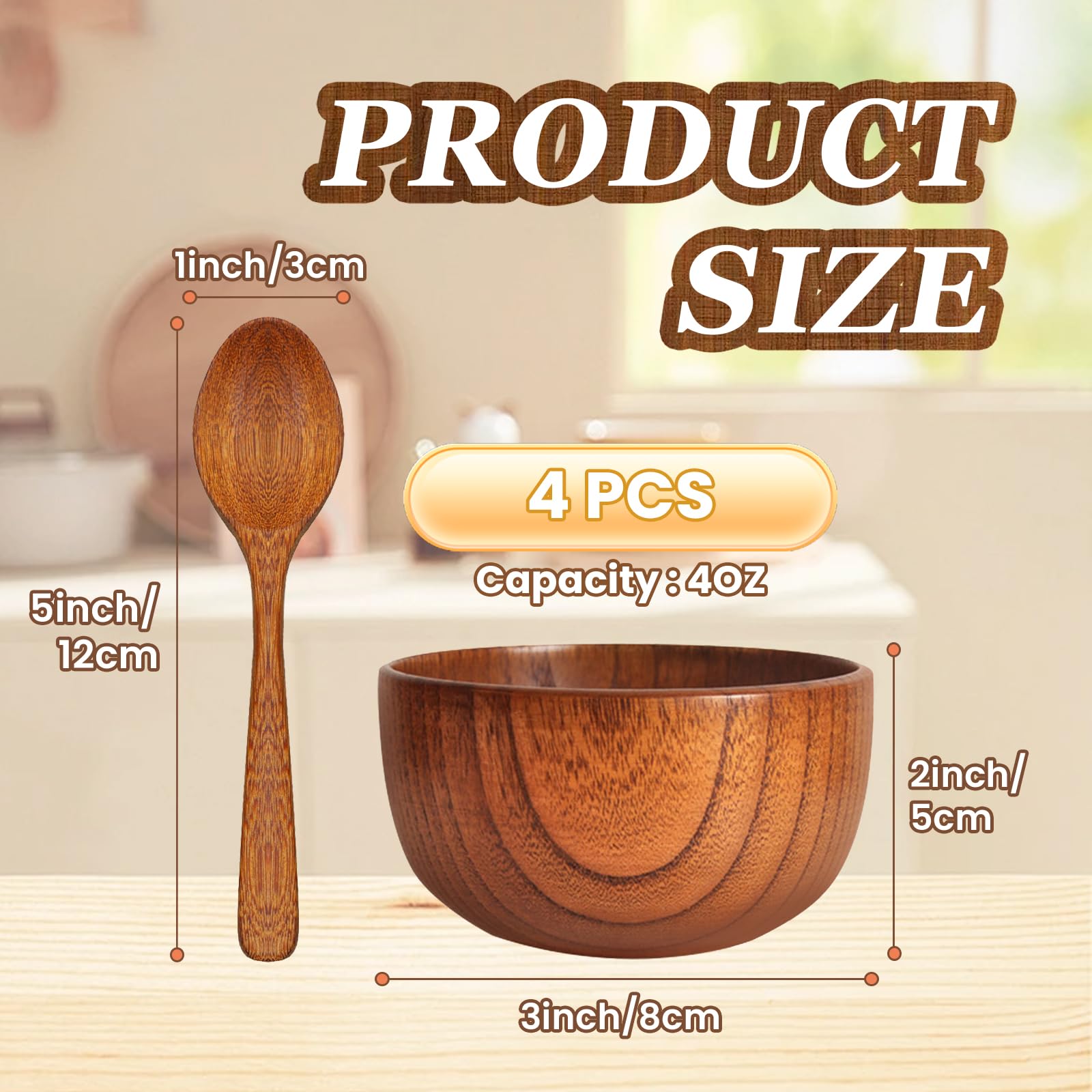 Hyuetrsa 4 Pcs Acacia Wooden Bowl,Small Round Wood Bowls with Spoon for serving salad salsa dip sauce snack rice pasta cereal fruit Decor Tableware Side Dish Sets Wooden bowl 8x5cm,Spoon 12x3cm