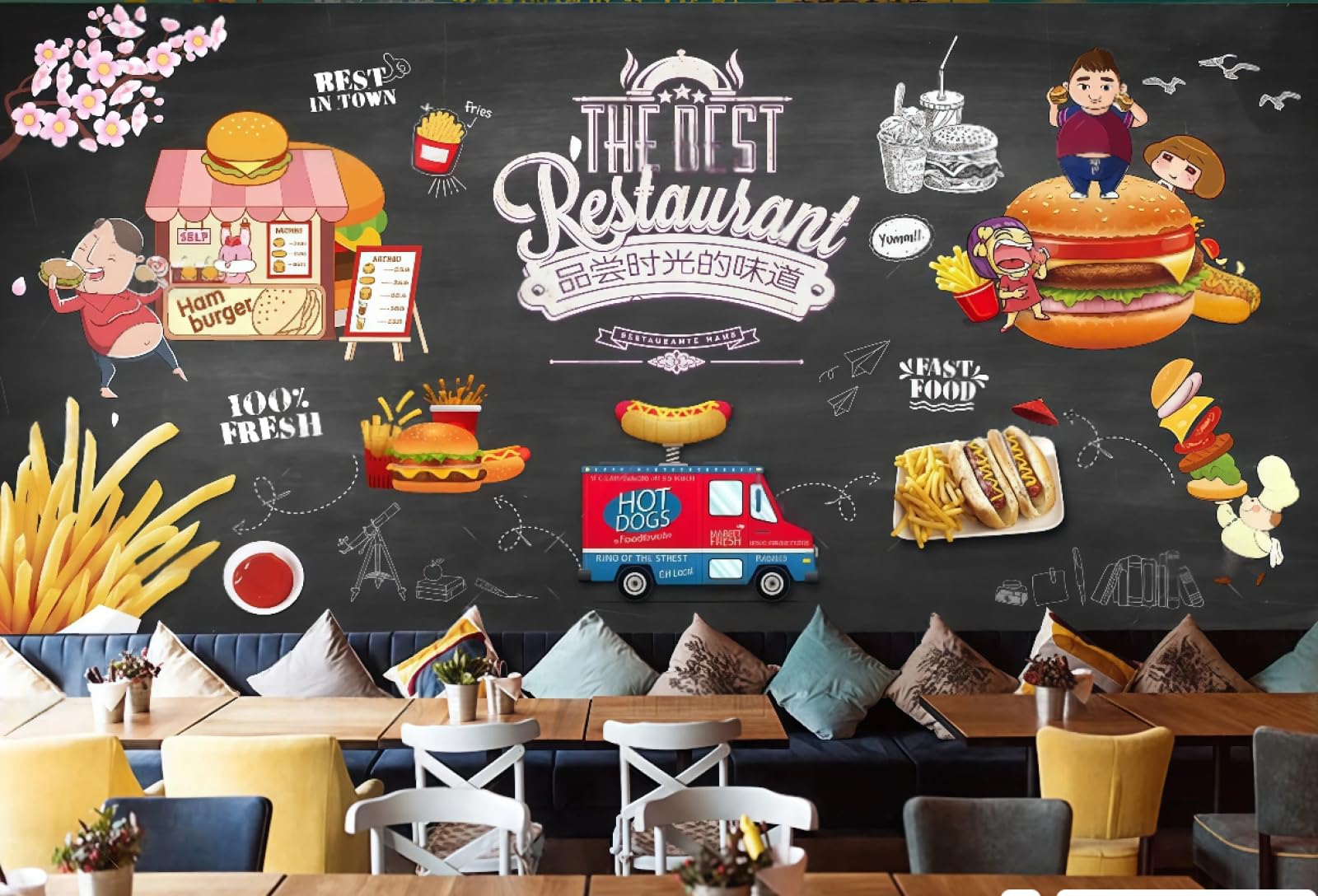 rskjdghshd Wallpaper Retro Blackboard Hand-Painted Burger Fried Chicken Shop Afternoon Tea Catering Background Wall Western Restaurant Wallpaper Cafe Mural,3D,150x105cm