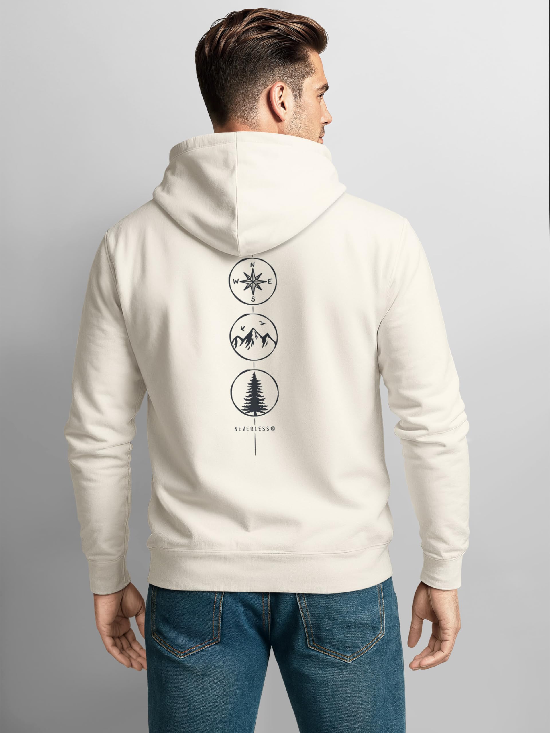 Neverless® Herren Hoodie Backprint Nature Symbole | Kompass | Berge | Baum Outdoor Männer Fashion Streetstyle