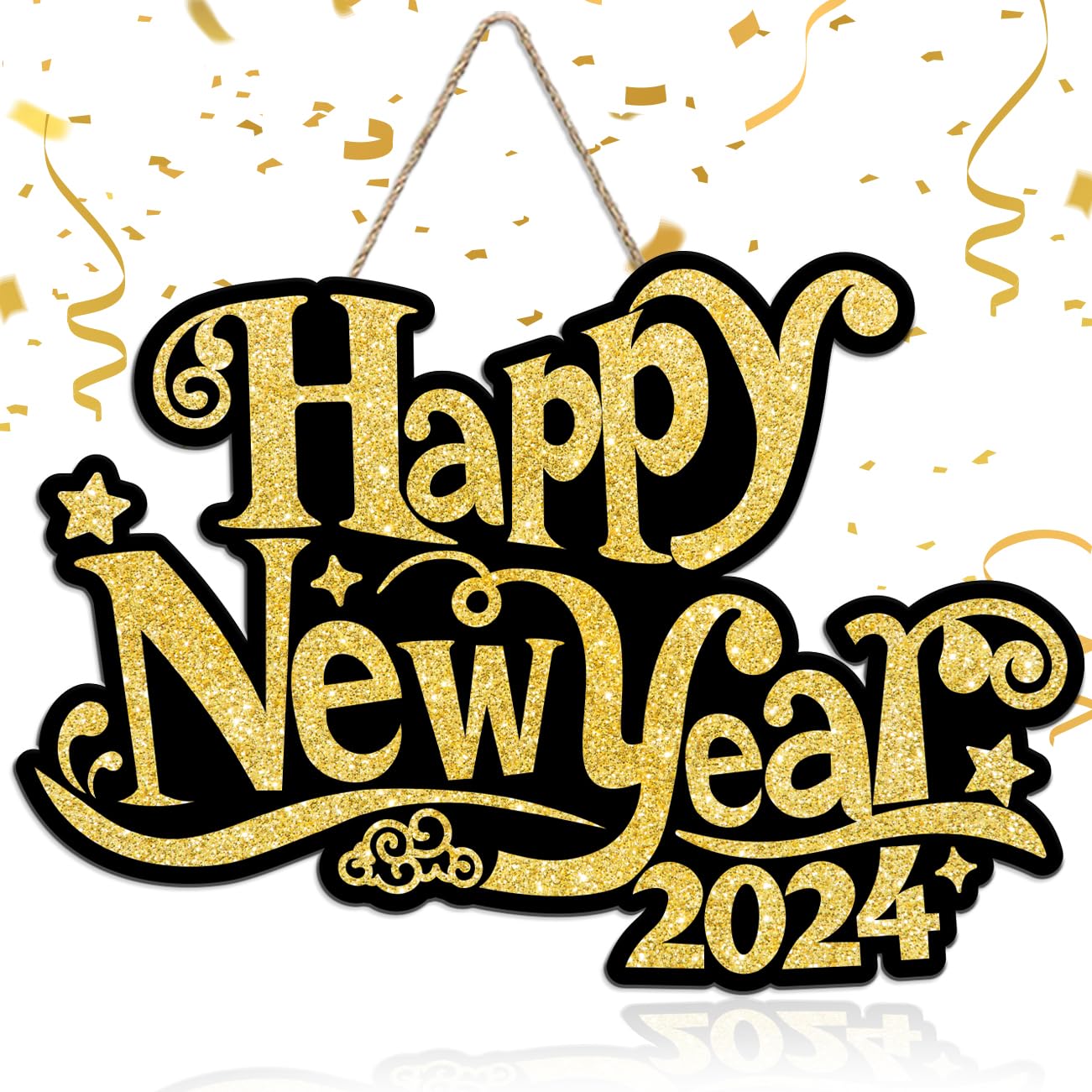 Photo 1 of 2024 Black and Gold Happy New Year Wooden Hanging Sign Decorations,New Year Front Door and Porch Wall Hanger Decorations