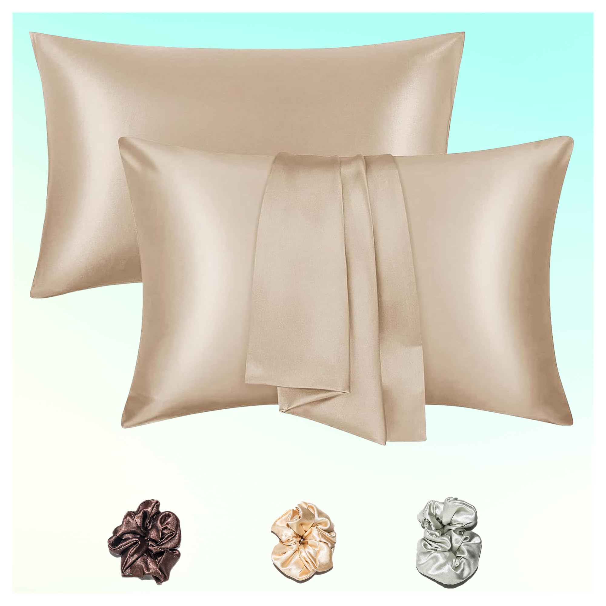 Amazon Brand - Umi Satin Silk Pillow Covers for Hair and Skin | Satin Pillow Covers for Hair and Skin Pack of 2 Covers | Silk scrunchies for Women 3 Pieces | Silk Pillow Case, 400 TC (Cream)