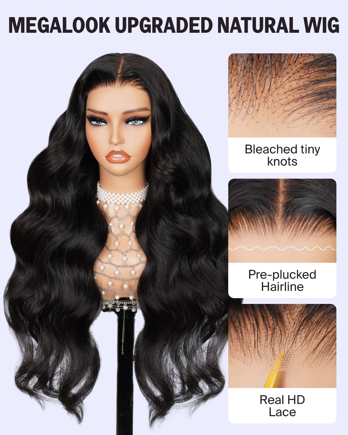 MEGALOOK Upgraded Glueless Wig 5x6 Pre Cut HD Lace Closure Wigs Human Hair Real Pre Plucked Bleached Tiny Knots 210% Density Body Wave Wig Ready to Go Glueless Wigs 28 Inch - Image 2