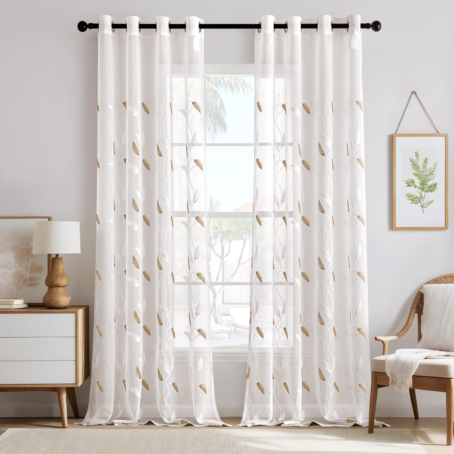 MIULEE Cortinas de Voile para Sala de Estar con Ojetes Cortinas Transparentes con Bonito Bordado y patrón de Hojas Juego de 2 Cortinas Modernas para Dormitorio Medidas H245 x B140 cm, Beige