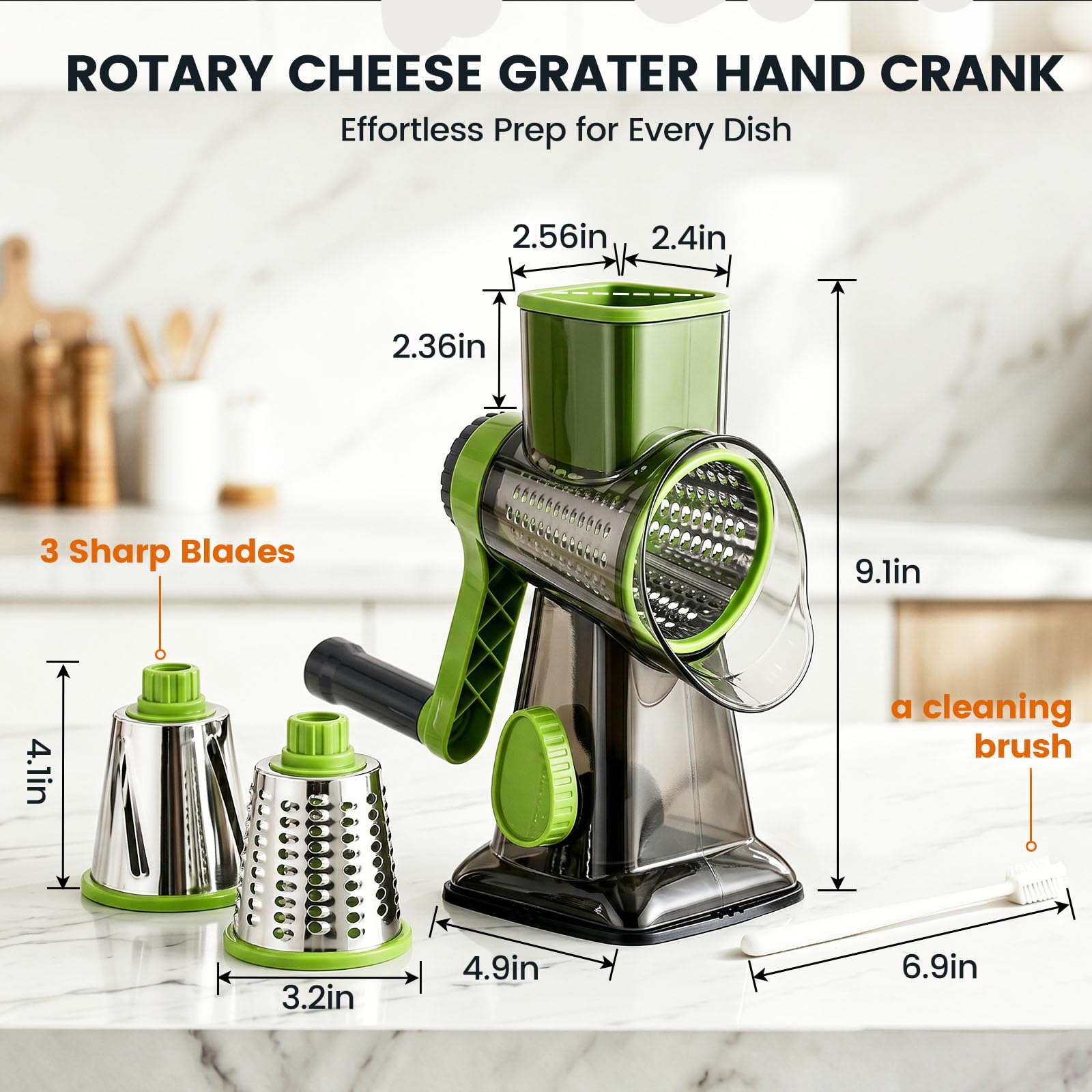 HANSGO Rallador giratorio de queso, triturador de queso con mango y 3 cuchillas intercambiables, cortador manual de verduras de cocina, verde para frutas y frutos secos