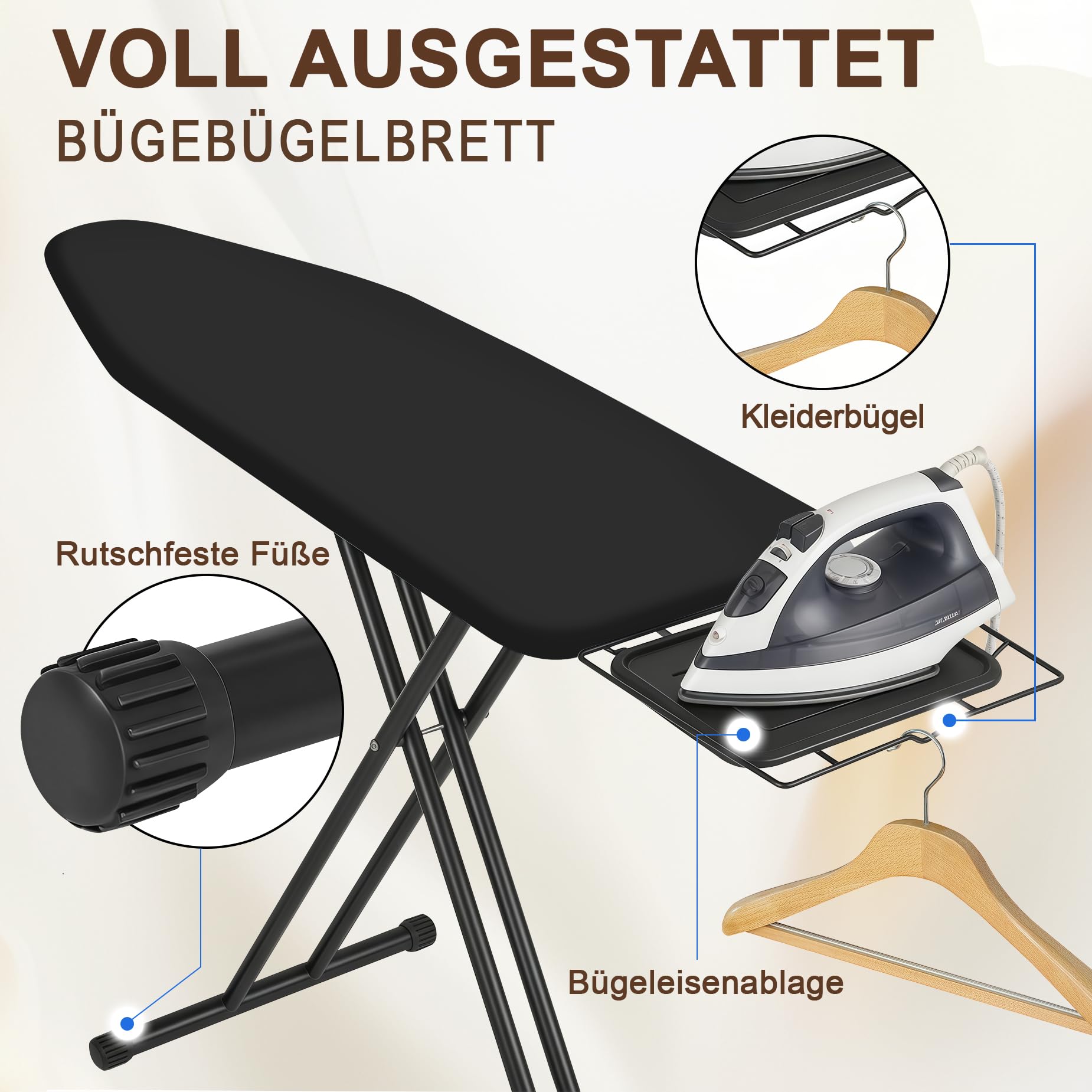 Bügelbrett 159 x 46 cm Volle Größe mit Bügeleisenablage, für Dampfbügeleisen geeignet, Stabile Gestell, Bequeme Lagerung, Ironing Board Schwarzes
