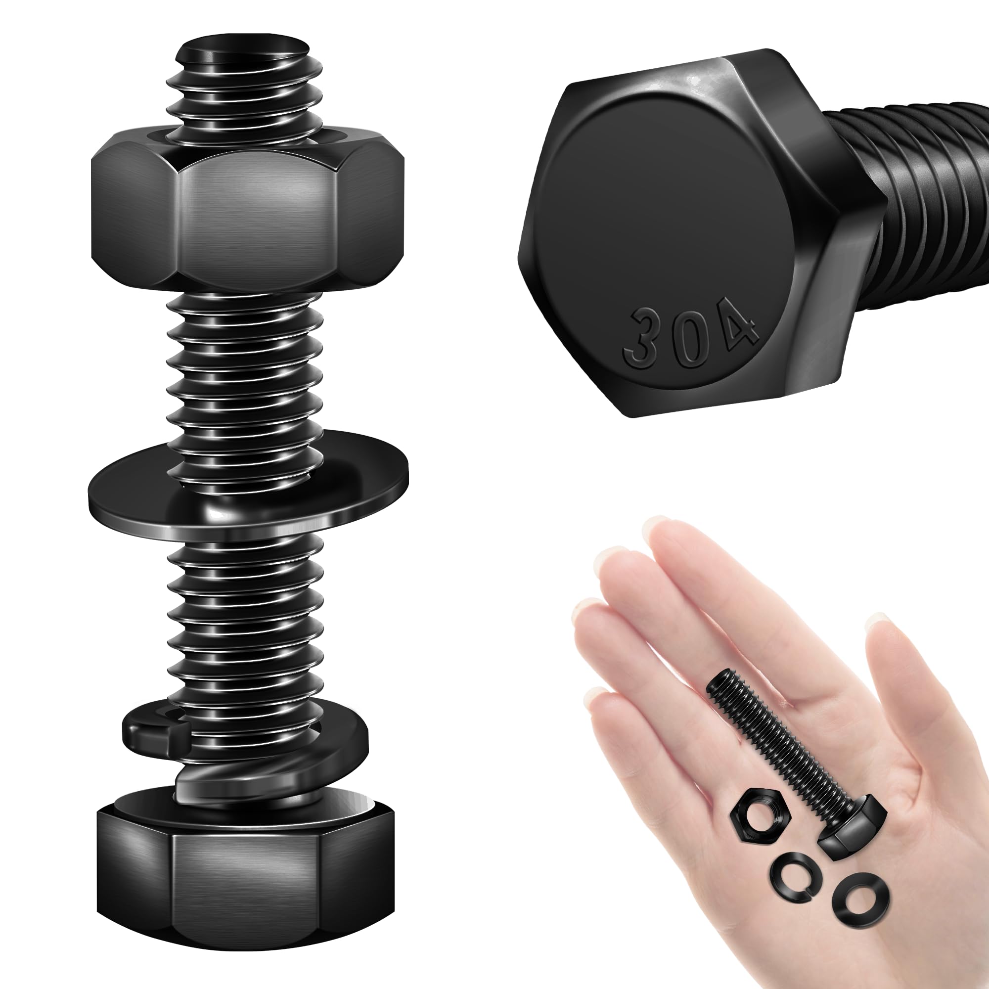 Mywish (10 Sets) 5/16-18 x 1-1/2" Hex Head Bolts and Nuts with Flat & Lock Washers, 304 Stainless Steel 18-8, Fully Threaded, Black Oxide Bolt Kit, 5/