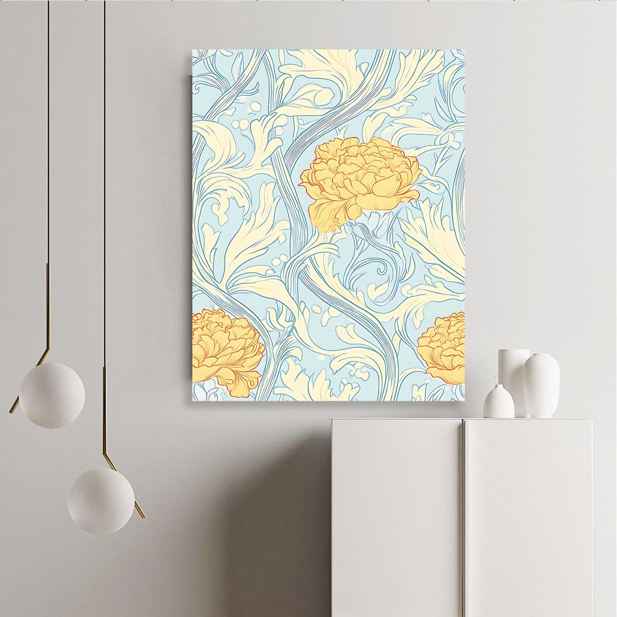 Via Vela Dibujo mural de lienzo Art Nouveau Peonía amarilla hoja de acanto hoja de acanto azul cartel pintura de arte imagen para estudio decoración de la habitación de invitados 90x120cm