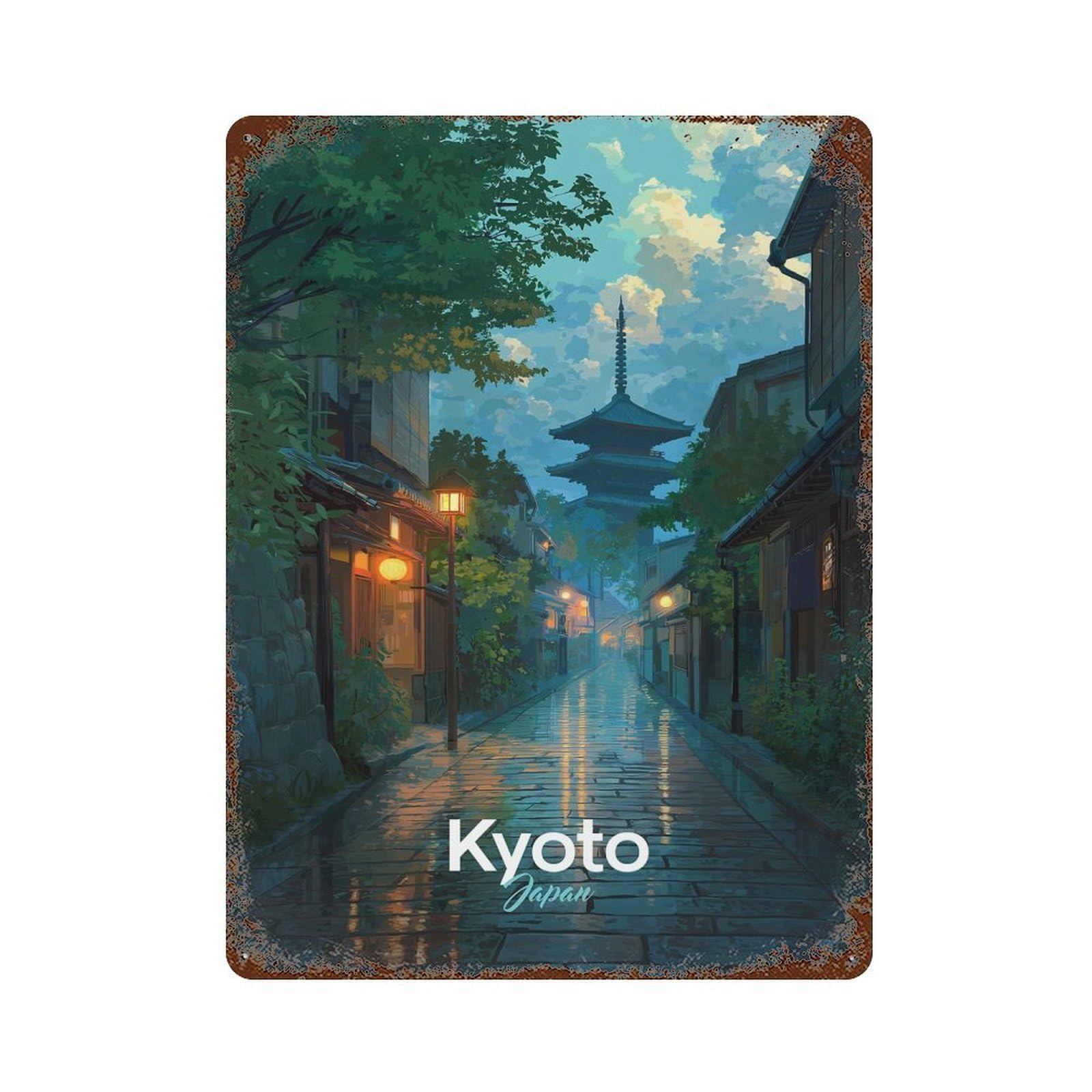 Rust Effect Kyoto Japan Street Rain Decorative Tin Sign 15.7"x11.8", Vintage Wall Decor for Farmhouse, Kitchen And Entryway Decor