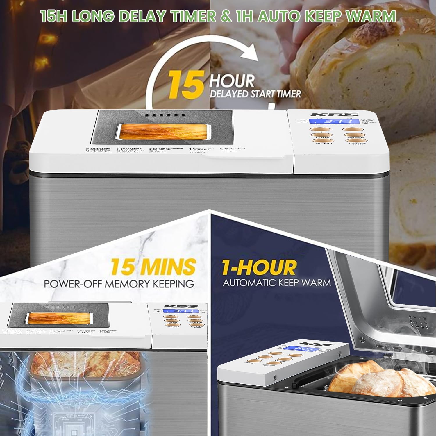 KBS Bread Machine 15H Delay Timer and 1H Auto Keep Warm