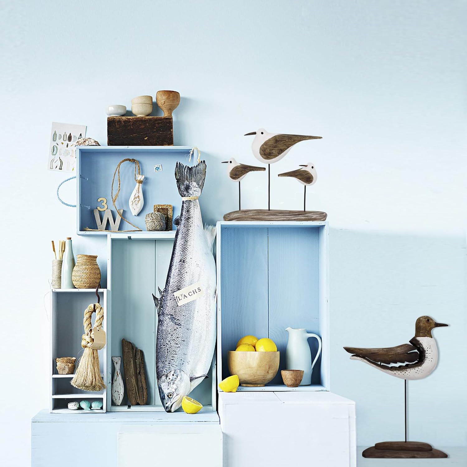 Linfevisi Wooden Seabirds Statue Seagull Decor Indoor Standing Bird Figurine Solid Wood Seagulls Decorations Nautical Coastal Beach Ocean for Home Garden Yard Table 7 Inches Tall