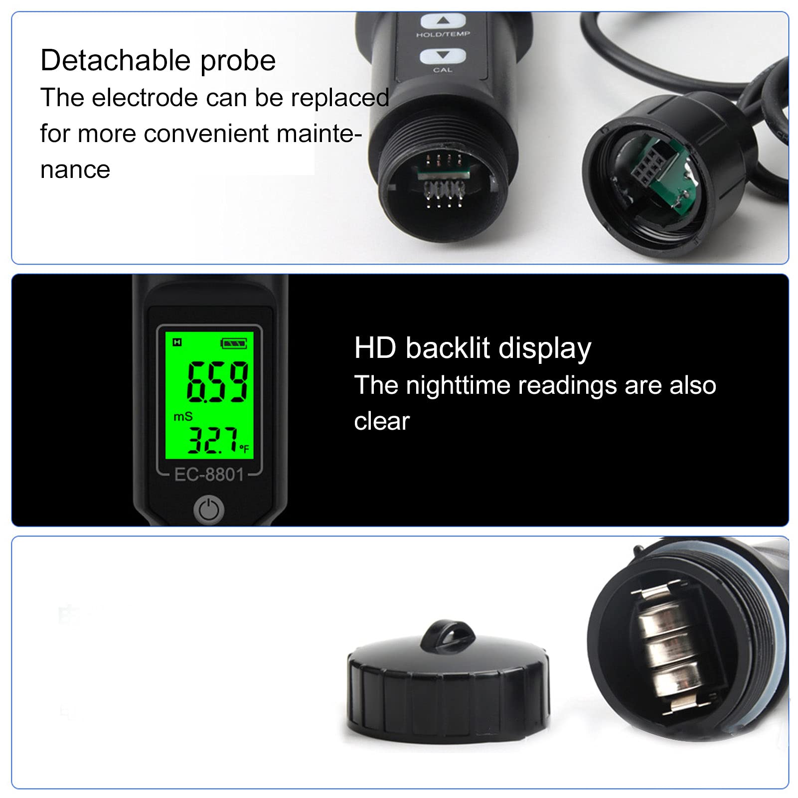 Probador EC Hidropónico Medidor de Conductividad del Suelo con Sonda Extraíble Retroiluminación LCD para Suelo Hidropónico Plantación Agrícola Diseño ABS Portátil 0-19,99 Ms/cm ±2% Precisión