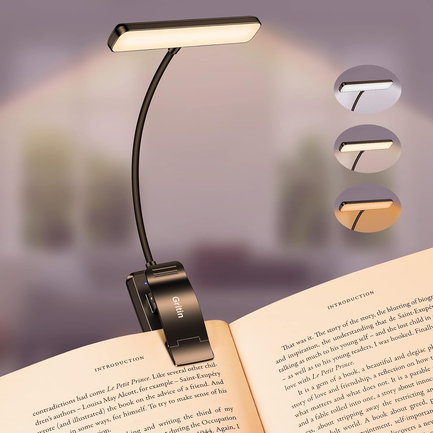 Gritin 19 LED Rechargeable Book Light for Reading in Bed with Memory Function- Eye Caring 3 Color Temperatures