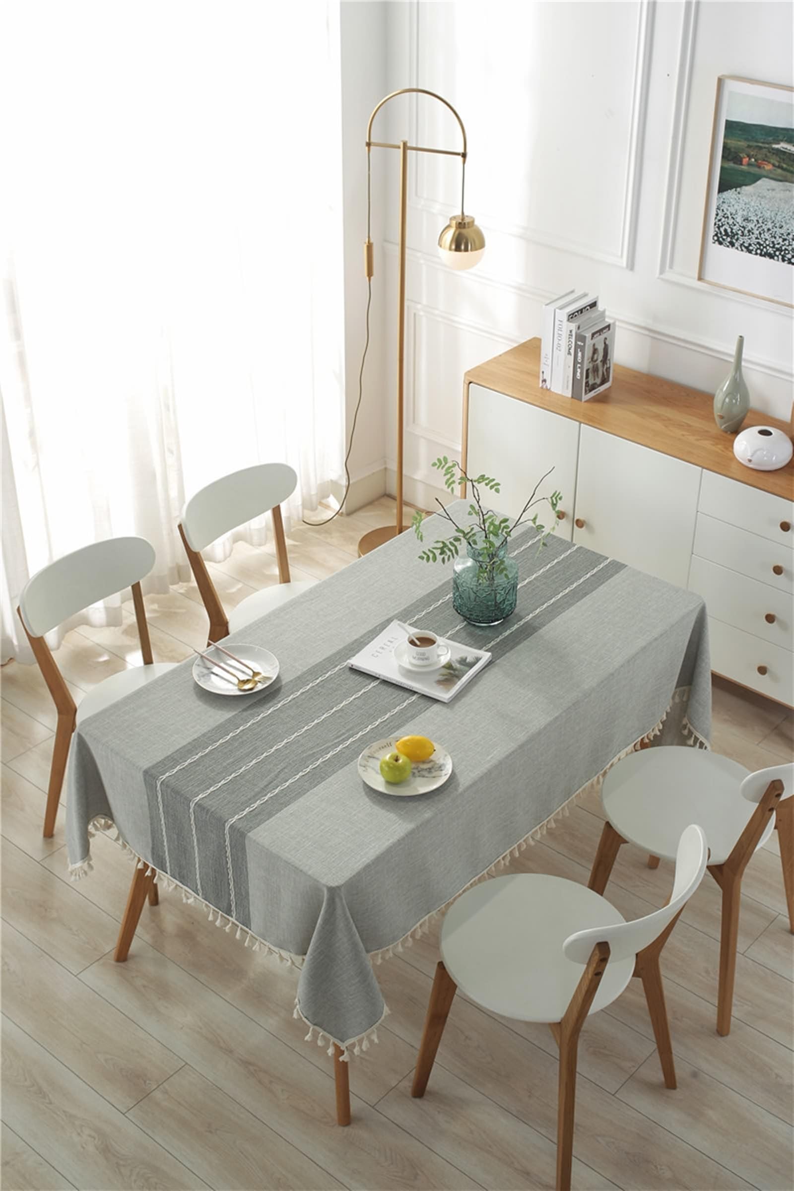 Manteles para Mesa, 140 x 220 cm, Gris, Estilo 3, Rectangular, Mantel de Lino Algodón Color Liso con Encaje Jacquard