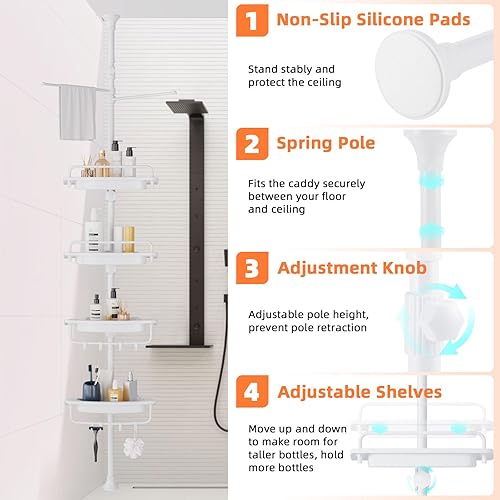 Miniatura 4 de Organizador de Ducha de Esquina con Barra de Tensión de 32 a 122 pulgadas, Todo Blanco, Estantes de Ducha Inoxidables Sin Taladro para Baño, Bañera,