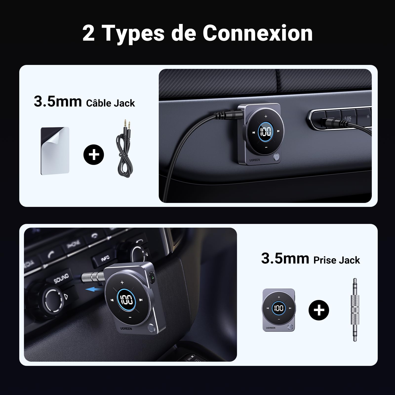 UGREEN Récepteur Bluetooth 5.4 Jack Voiture Adaptateur Bluetooth Jack Aux | avec Micro Intégré Appel Mains Libres 20H d'Autonomie pour Enceinte Haut-Parleurs Casque Filaire Autoradio, Câble 3.5mm Inclu