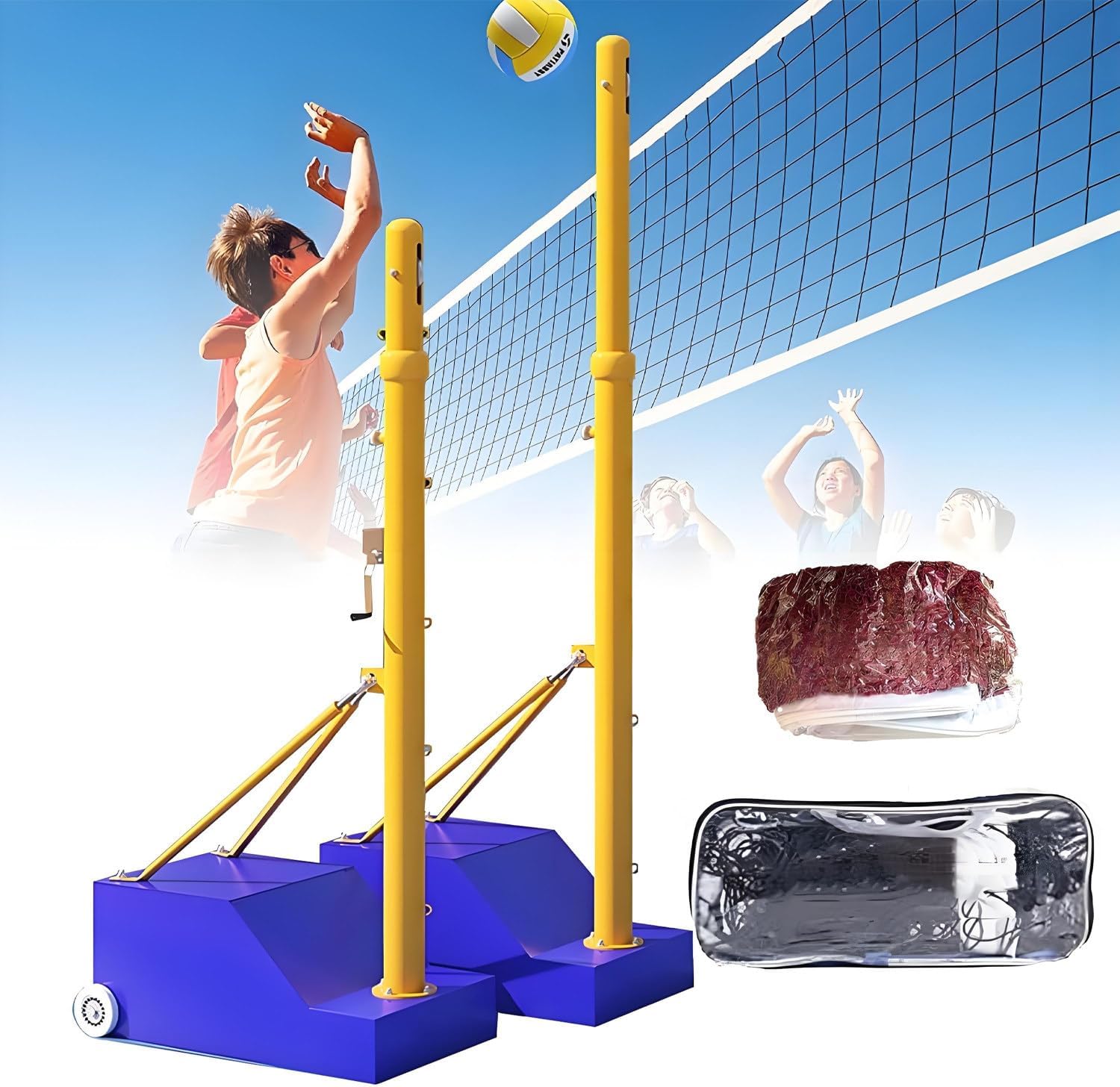 2-in-1 Volleyball Net Stand with Badminton Net, Height Adjustable (5.1-6.89ft) Heavy Duty Portable Poles, Wheels for Easy Movement, Indoor Outdoor Sports Set