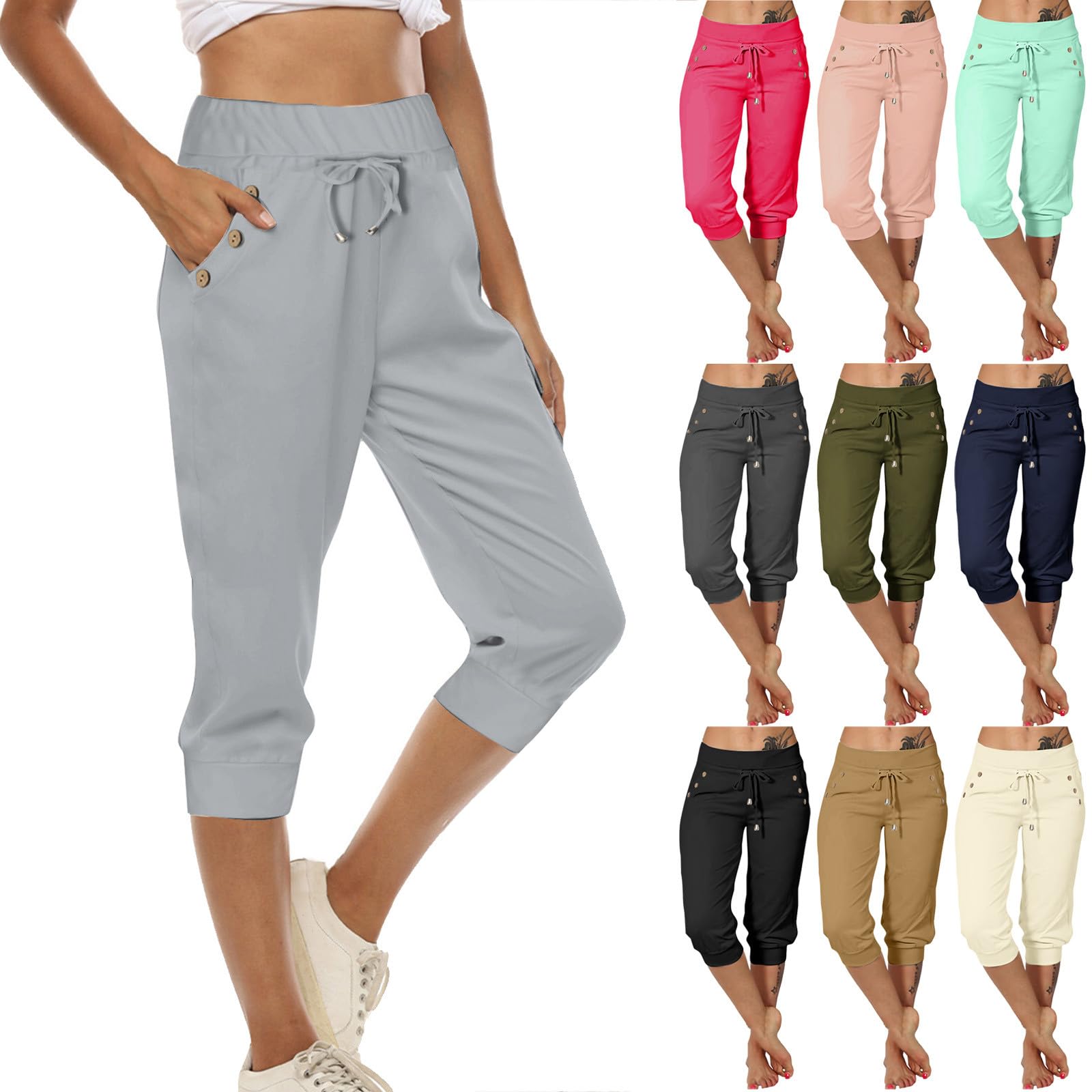 EMATOP Jogginghose Damen 3/4 Lang Baumwolle Sporthose Casual Capri Hose Leicht Einfarbig Laufhose Sport Sommer Sweathose Elegant Bequem Sommerhose mit Taschen Freizeithose Trainingshose Outdoor