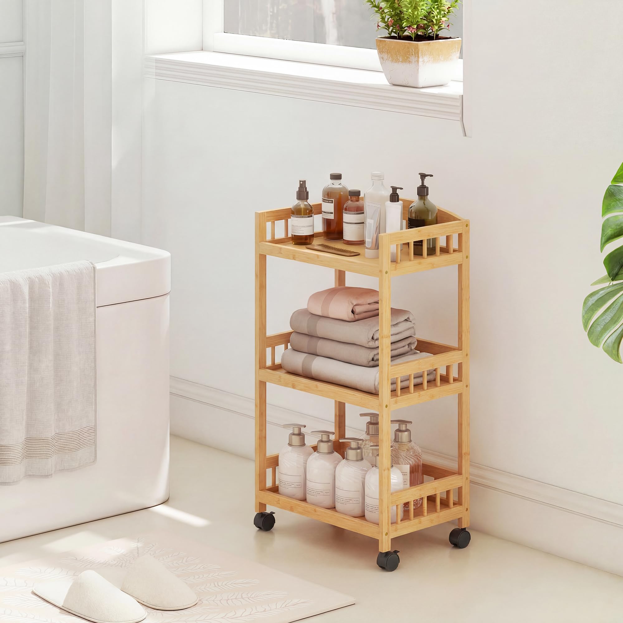 HOMCOM Chariot de Cuisine à 3 Niveaux, desserte à roulettes en Bambou, desserte Cuisine Multifonctionnel pour Chambre, Salon, Bureau, 53 x 30,5 x 83 cm, Bois Naturel
